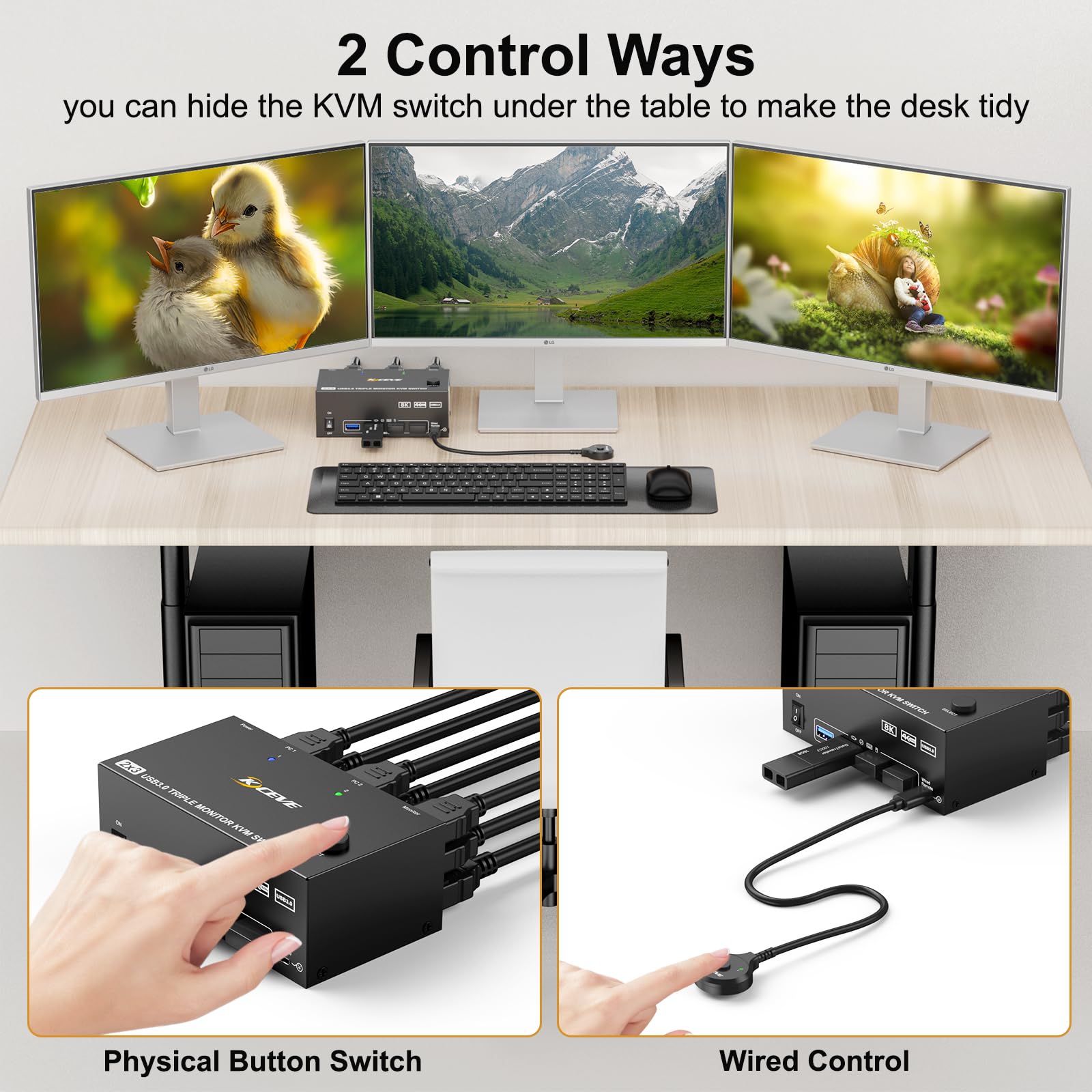 KVM Switch 2 PC 3 Monitores, KCEVE 2 HDMI + 1 DisplayPort KVM Conmutador, USB 3.0 8K @ 30Hz/4K @ 144Hz Triple Monitor KVM para 2 ordenadores, 3 pantallas y 4 dispositivos USB 3.0