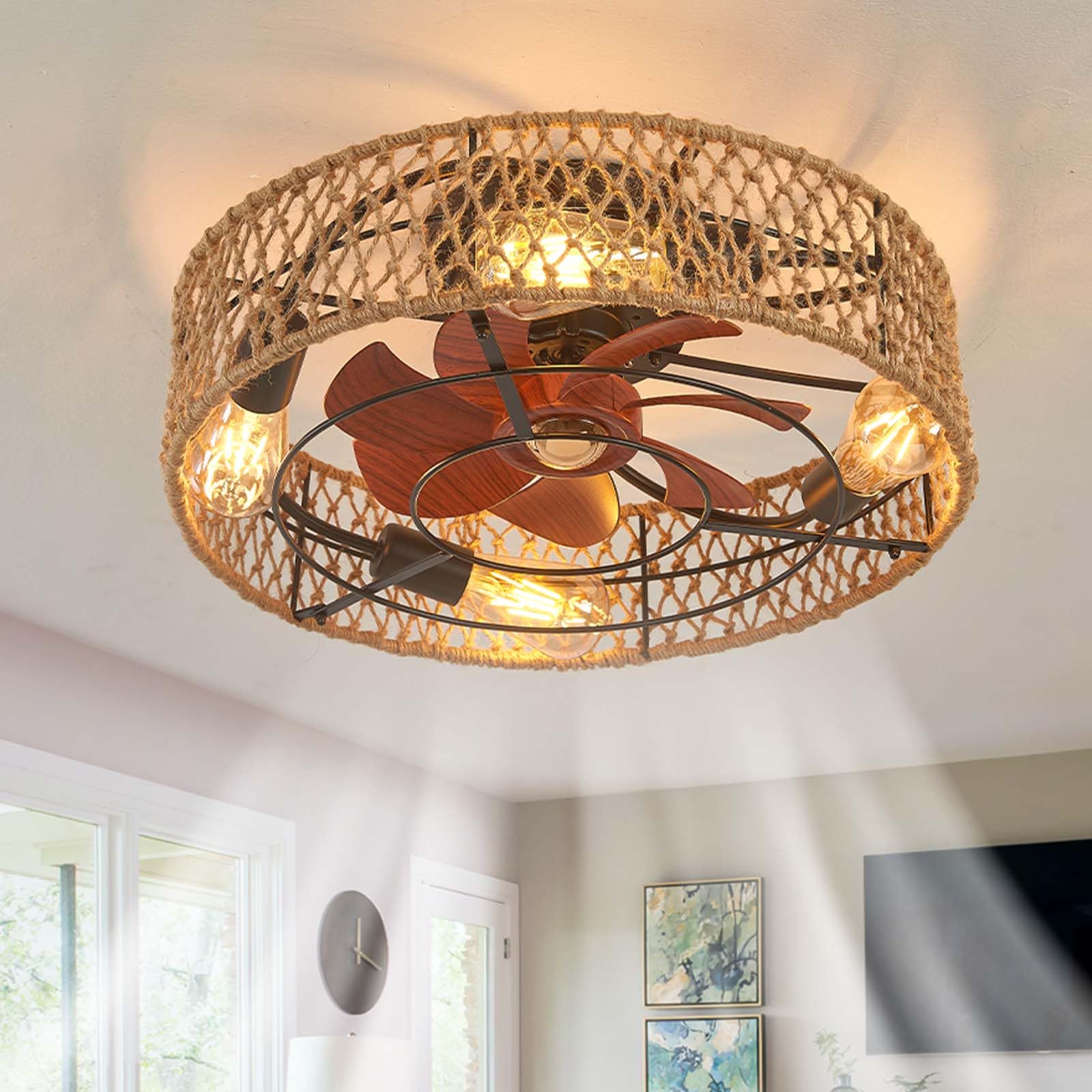 Ventiladores de techo retro con luces y control remoto, ventiladores silenciosos reversibles con luces, 6 velocidades, luces de techo de CC, temporizador, lámpara industrial para dormitorio y salón.