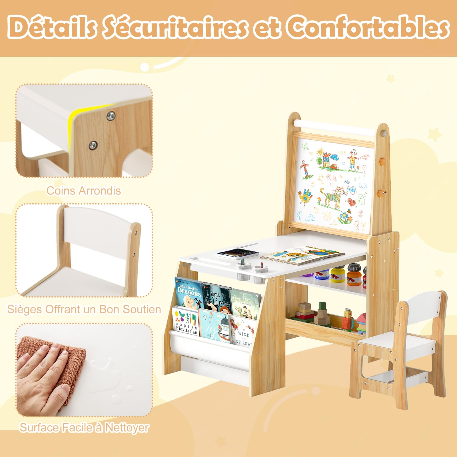 GOPLUS Table Enfant avec Chaise, Table à Dessin en Bois avec Tableau Noir/Blanc, Rouleau de Papier, Gomme, Craies, Gobelets de Peinture, Bureau Enfant en Bois avec Étagère (Naturel)