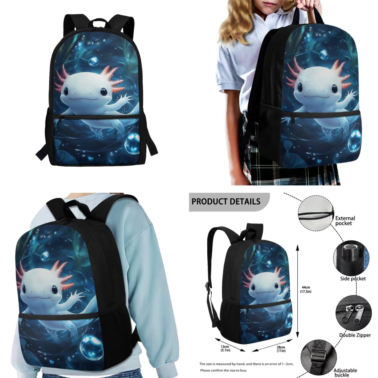 Zaino scolastico per ragazzi dai 4 agli 8 anni, leggero, con borsa per il pranzo, 4 pezzi, set di libri per bambini per la scuola, Axolotl oceano, M, Classico