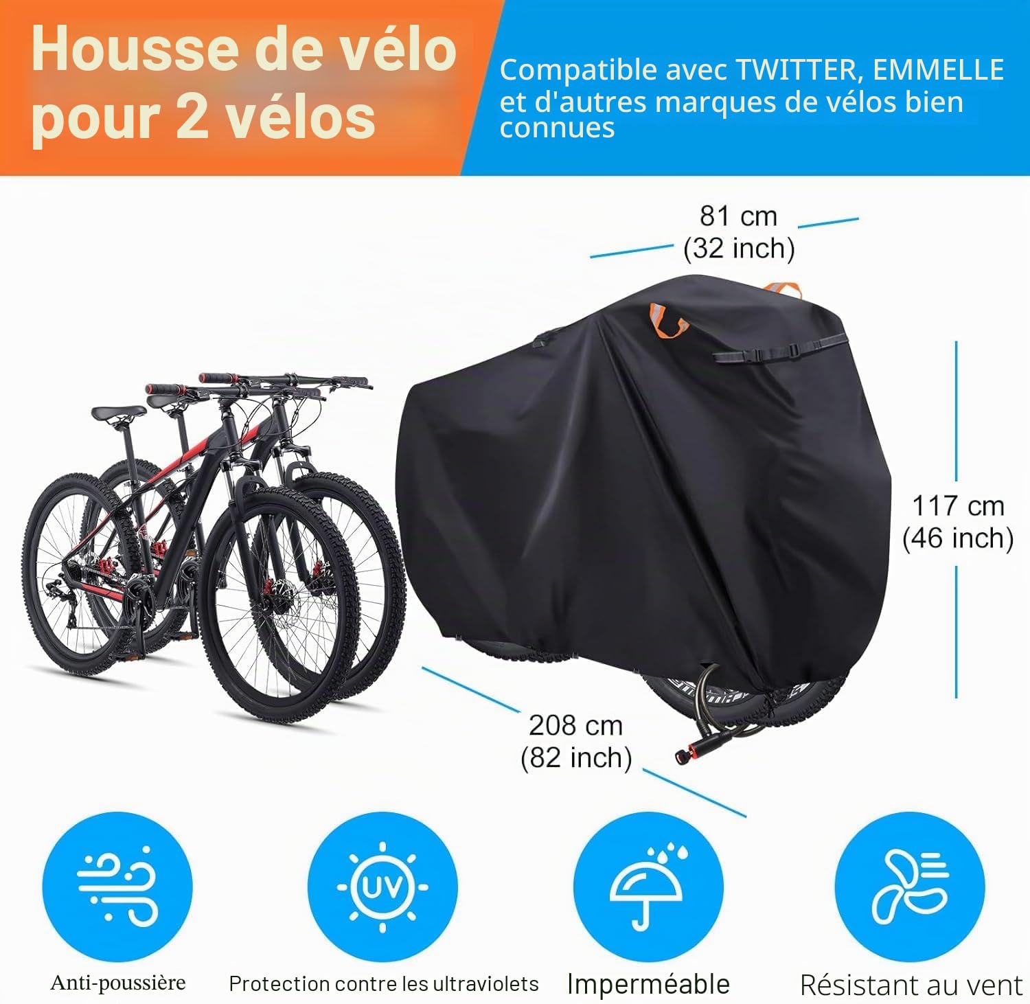 Couverture de pour 2 vélos - Housse de vélo pour le transport, tissu Oxford 600D, revêtement PU, imperméable & Heavy Duty, couverture de vélo porte-arrière pour le stockage voyageur
