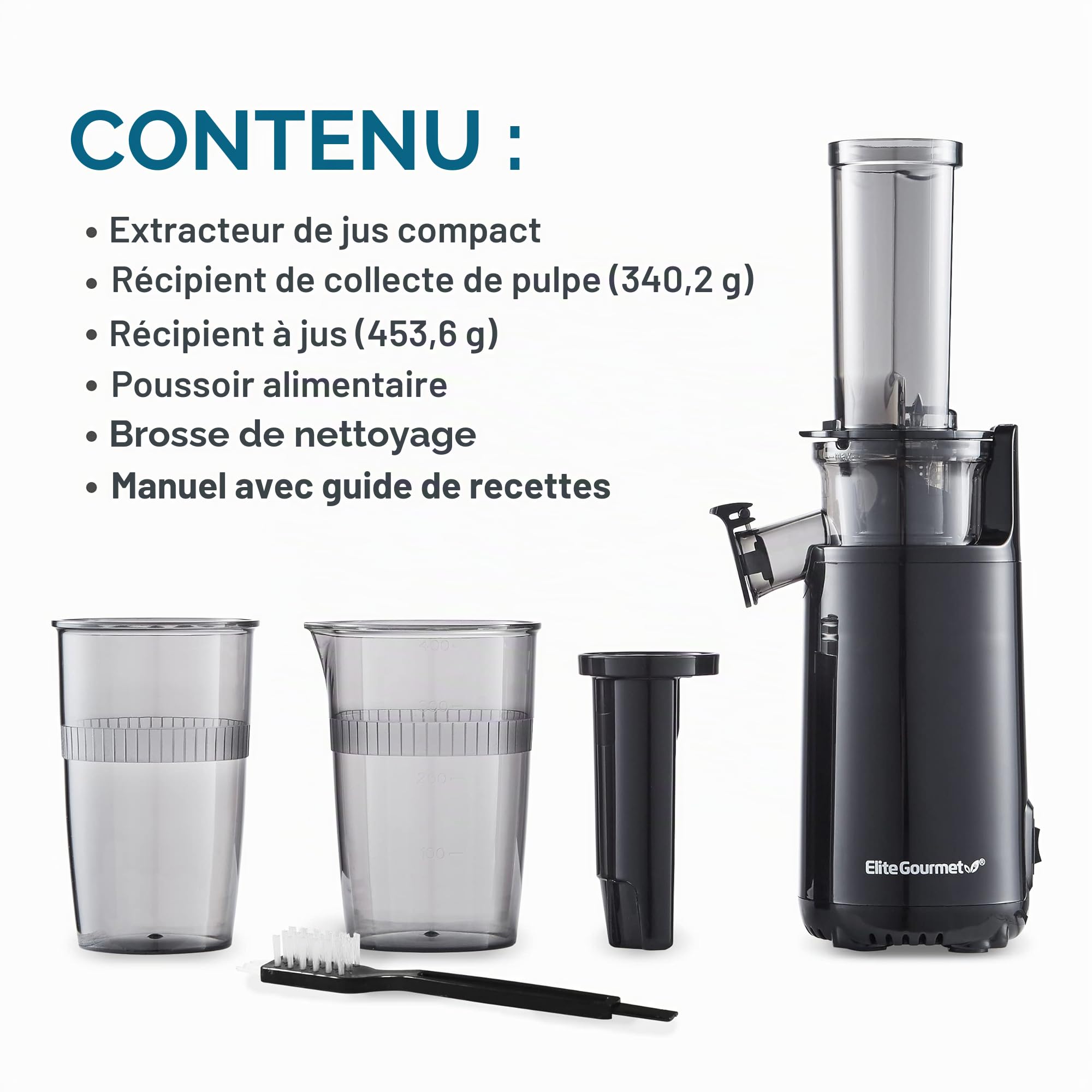 Elite Gourmet EJX600 Extracteur de Jus Lent à Mastiquer Compact, Presse à Froid, 16 oz, Gris Anthracite