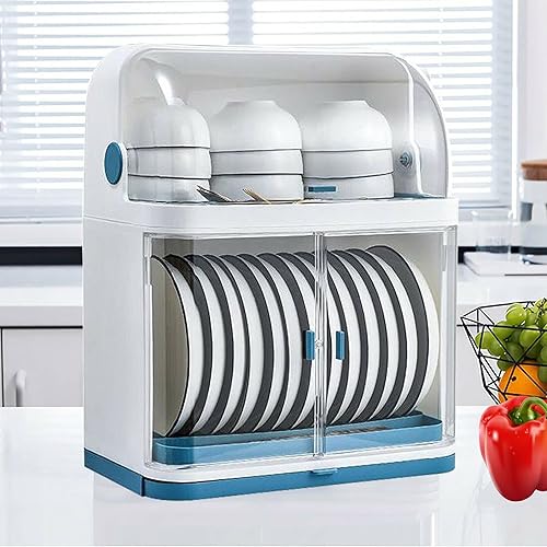 Escurridor de platos de cocina, caja de almacenamiento de plástico a prueba de polvo de 2 niveles, cesta para cubiertos, organizador de utensilios