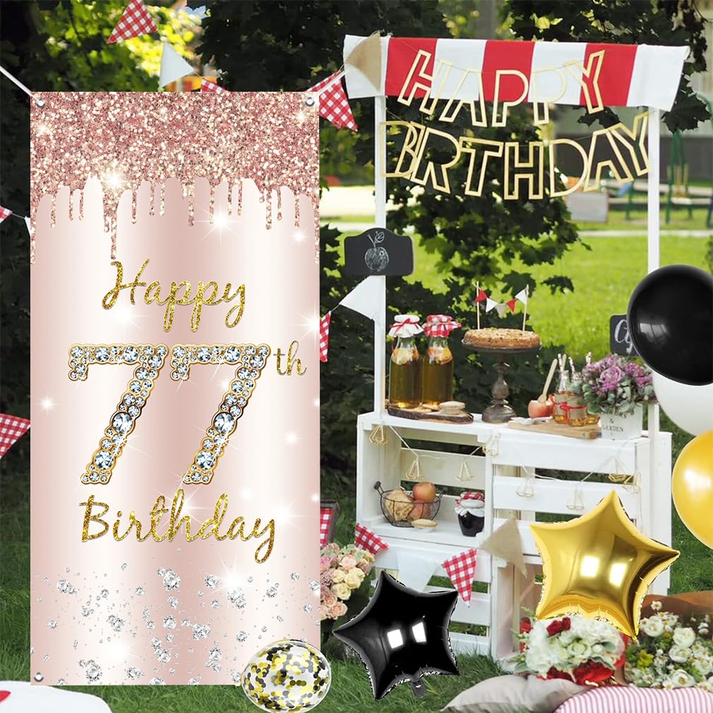 Dekoracja na 77. urodziny kobiety, Happy 77th Birthday Door Banner różowe złoto, 77. urodziny tkanina tabliczka plakat dekoracja drzwi, 77. urodziny tło baner damski, przyjęcie urodzinowe tabliczka