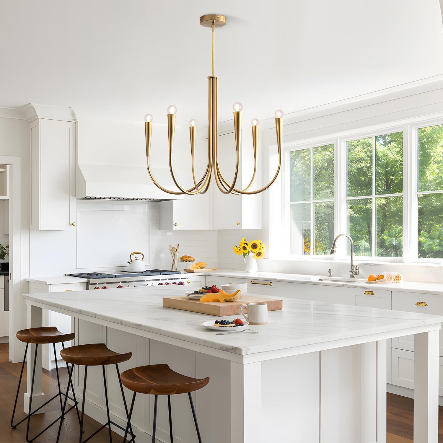 KCO Lighting Lampadario a Candele Dorato,Vintage Altezza Regolabile Lampadari Soggiornoa 6 Luci,Classico Moderno Industriale per Sala da Pranzo Cucina Isola Camera da Letto E14