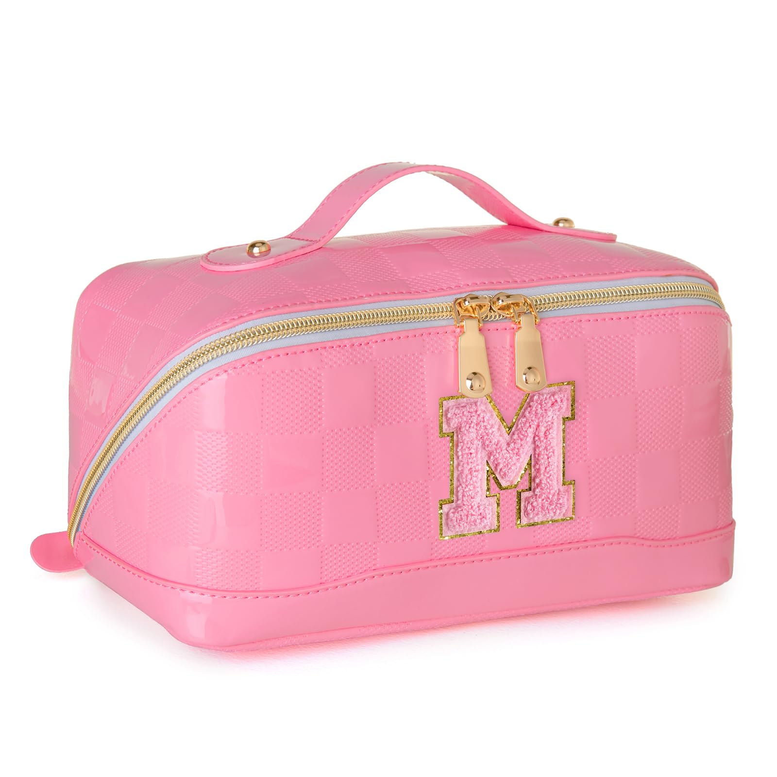 Viverte Initial Makeup Bag Large Capacity Travel Cosmetic Bag for Women PU Leather Open Flat Toiletry Bag with Handle and Divider Personalized Gifts