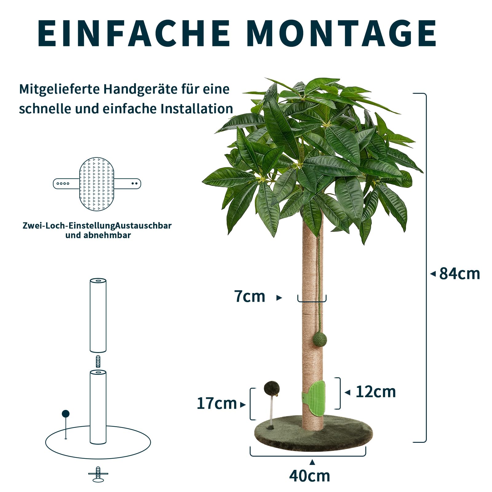 Meowoou Kratzsäule, 84 cm Kratzstamm, Ausgewachsene Katzen und Kätzchen, Hoher Kratzbaum mit Sisalseil, Niedlicher Katzenkratzbaum mit Spielball