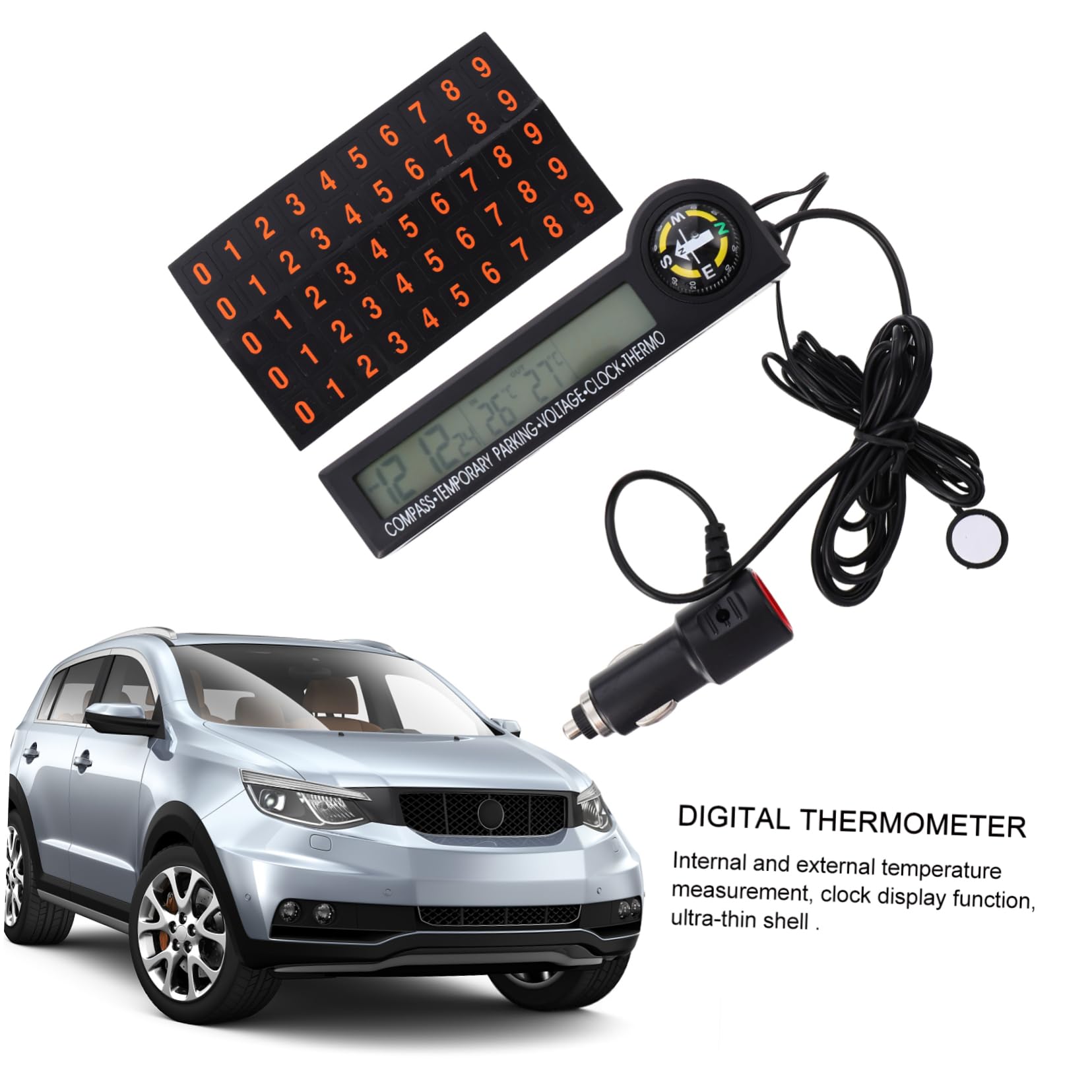 POPETPOP 2stücke Automotive Digital Thermometer Voltmeter Mit -uhr Und Kompass Multifunktionale Anzeige Für Auto Temperaturmessung Innen Und Außen Mit Farbigem Hintergrundbeleuchtung