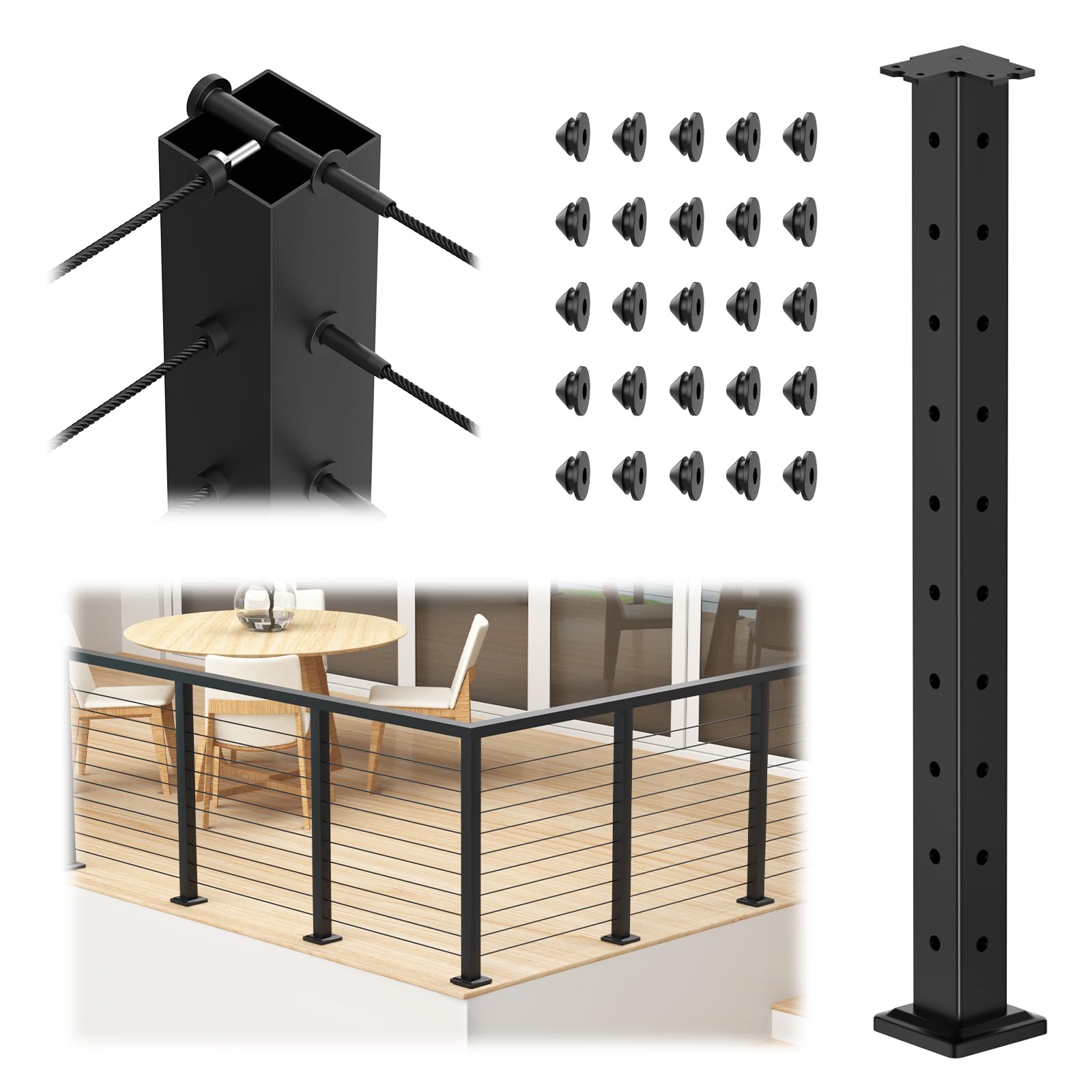 36" Cable Railing Corner Post, Stainless Steel Flat Top Deck Corner Post with Cable Grommets, 2"x2" 90° T-Drilled Metal Corner Post for Black Deck Stair Railing System, RG33