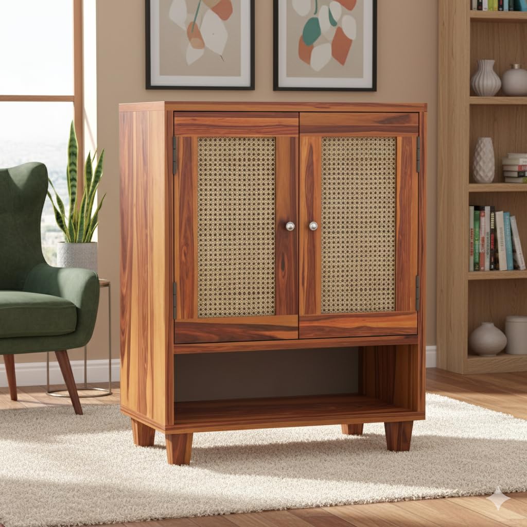 Wooden Shoe Cabinet with Cane Door | 3-Shelf Shoe RAK Organizer for Hallway & Entryway Storage | Sheesham Wood Storage Unit for Shoes & Accessories (Honey Finish)-image-5