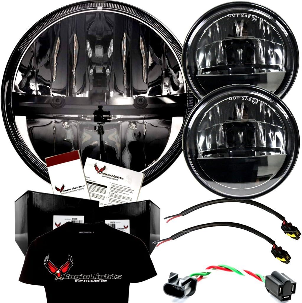 Eagle Lights E27270CPK 7 Inch Complex Reflector LED Headlight And 4.5 4-1/2 Inch LED Passing/Spot Lamp/Auxilliary Lights Compatible With Harley Davidson and Indian Motorcycles - Plug and Play