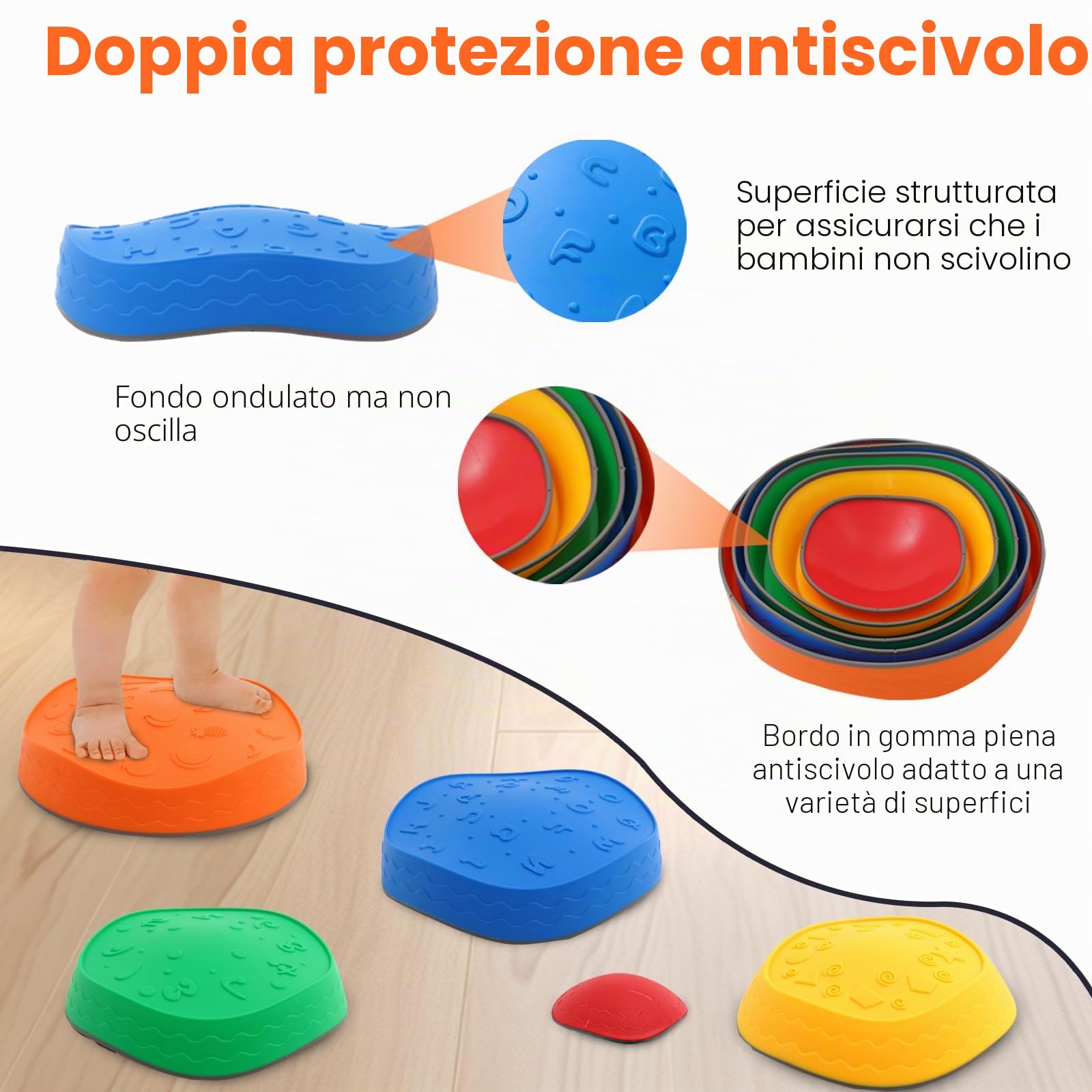 Pietre di Bilanciamento Bambini, 5 Pietre di Equilibrio Antiscivolo Impilabili, Percorsi Sensoriali Bilanciamento Bambini, Giochi Ostacoli per Interni ed Esterni, Promuove l'equilibrio e Coordinazione