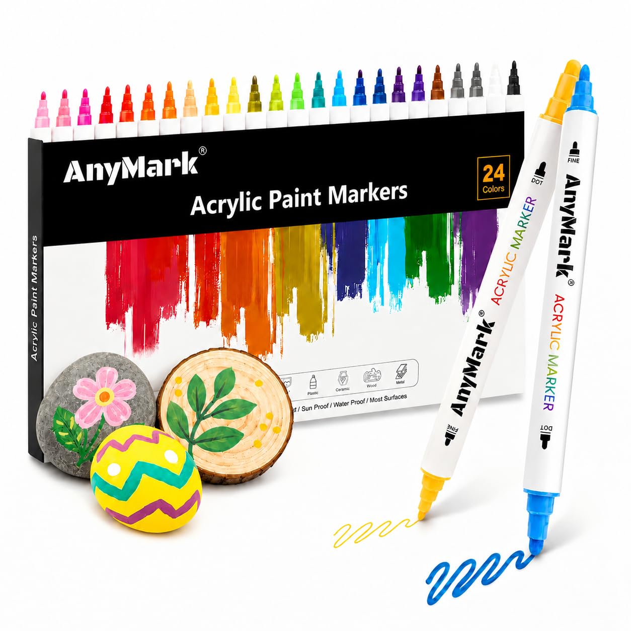 AnyMark 24 Colores Marcadores de Pintura Acrílica, Doble Punta Punto y Fina, Rotuladores Acrílicos para Piedra, Madera, Vidrio, Roca y Manualidades DIY