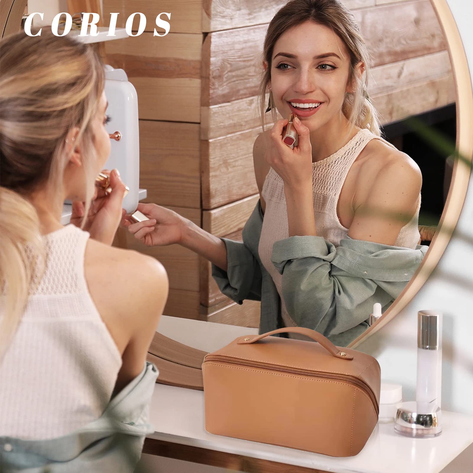 CORIOS Bolsa de Cosméticos para Mujeres Gran Capacidad Bolso de Tocador Impermeable Bolsa de Maquillaje Bolso Portátil del Lavado del Viaje para Viajes Baño Almacenamiento Marrón
