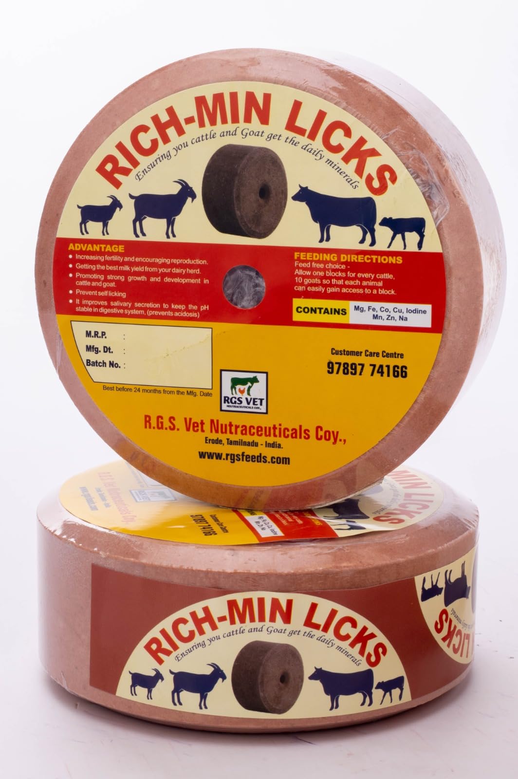 RGS Vet Rich Min Lick | Improved Production and Milk Quality | Mineral Supplement for Cattle & Goat | Supports Bone Strengt | Convenient Animal Licks Format - 2kg