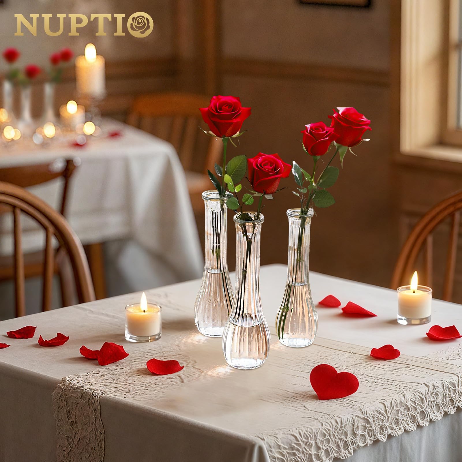 NUPTIO Floreros de Cristal para Flores de Boda: 12 Piezas 21,7cm Alto Florero Pequeño para de Centro de Mesa - Florero Decorativo Estriado para Fiesta Inauguración Casa Decoración