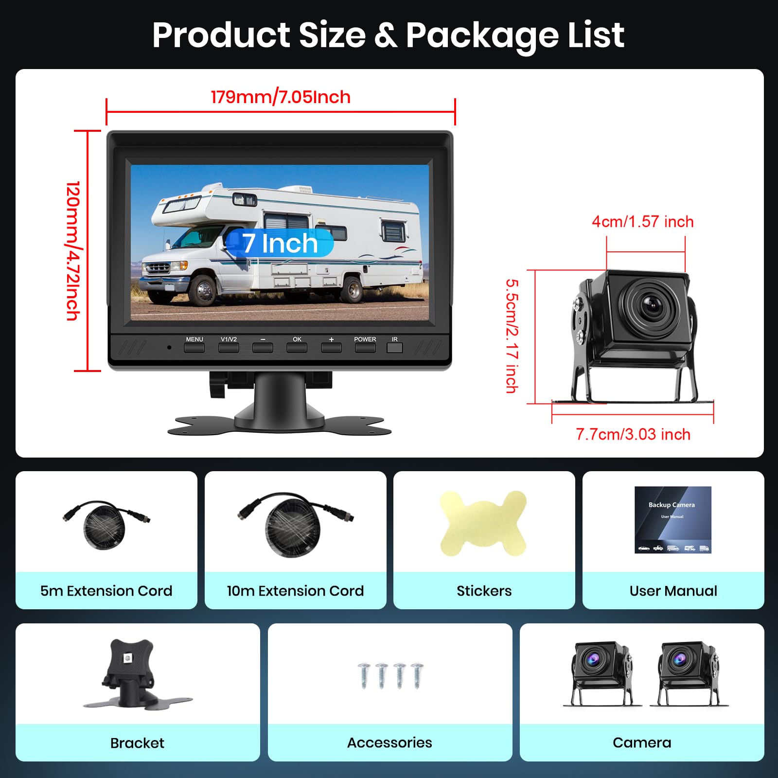 VECHTEL Kit Telecamera Posteriore IPS HD 7 Pollici con 2 Telecamera, Telecamera Retromarcia Auto con Impermeabile IP68 Visione Notturna DVR per 12V-36V Camion Autobus Furgoni Camper Pickup