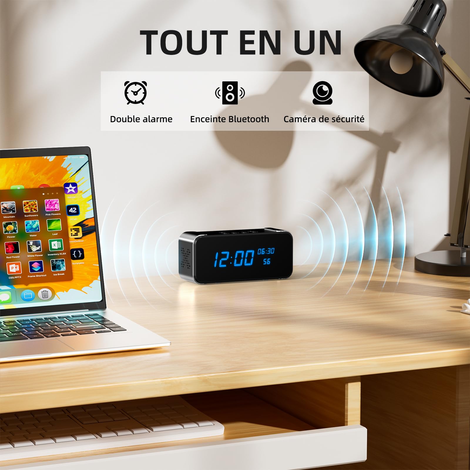 Telecamera spia WiFi Ultra HD 4K con rilevamento del movimento, visione notturna e streaming in tempo reale - Telecamera nascosta con sveglia e altoparlante Bluetooth
