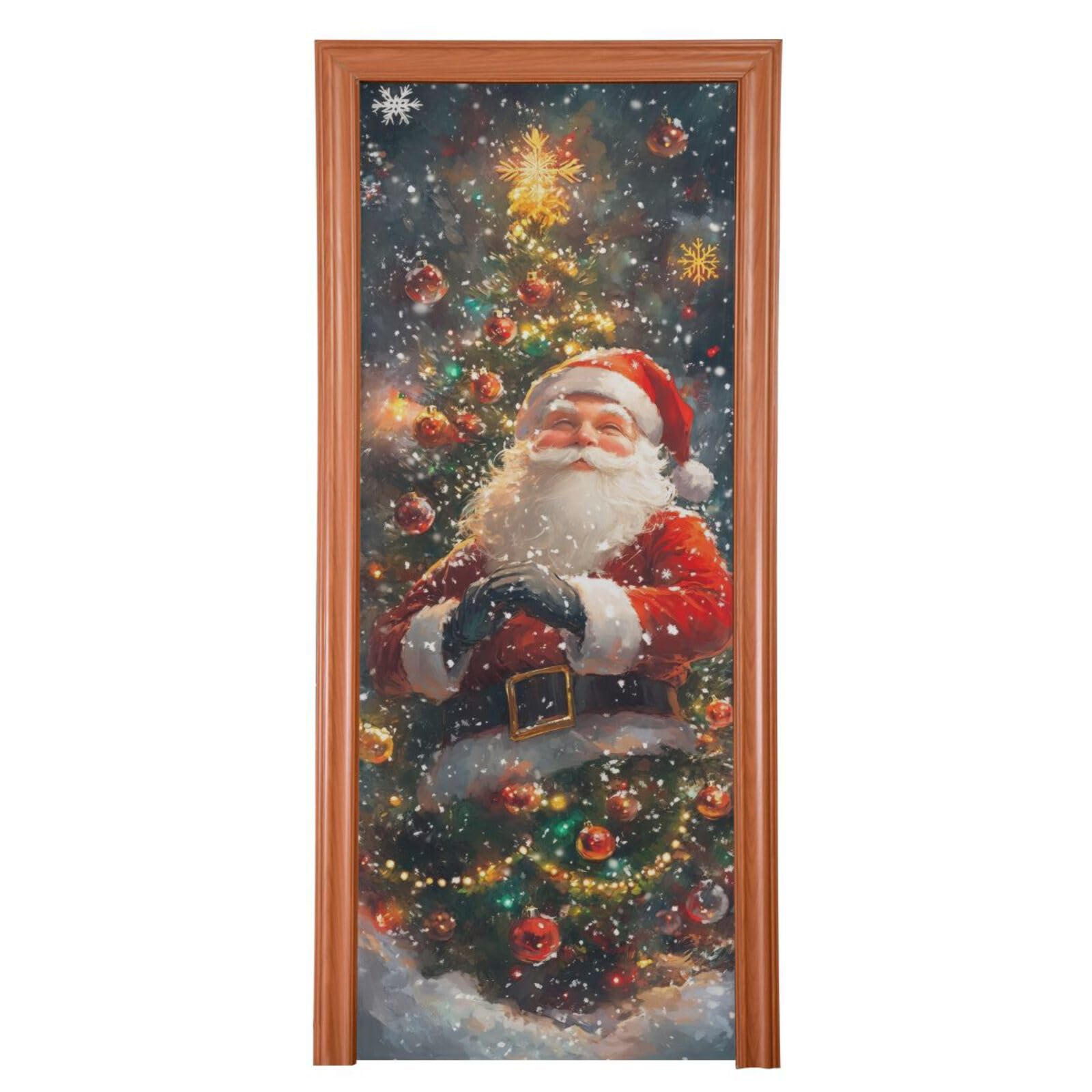 FLildon Christmas Tree & Santa Claus Door Cover Decoration, Party Accessory Porch Decor for Festive Ornament Room Door Covers 32 x 79 Inch