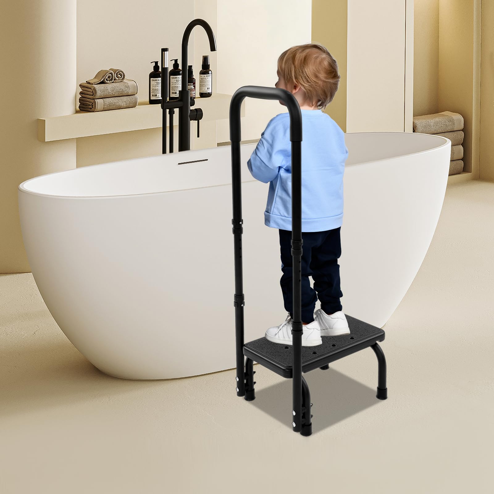 Sgabello con maniglia, regolabile in altezza a 5 marce, scaletta con pedana antiscivolo, base per vasca da bagno per anziani, adulti e bambini in cucina, vasca da bagno, letto (bianco)