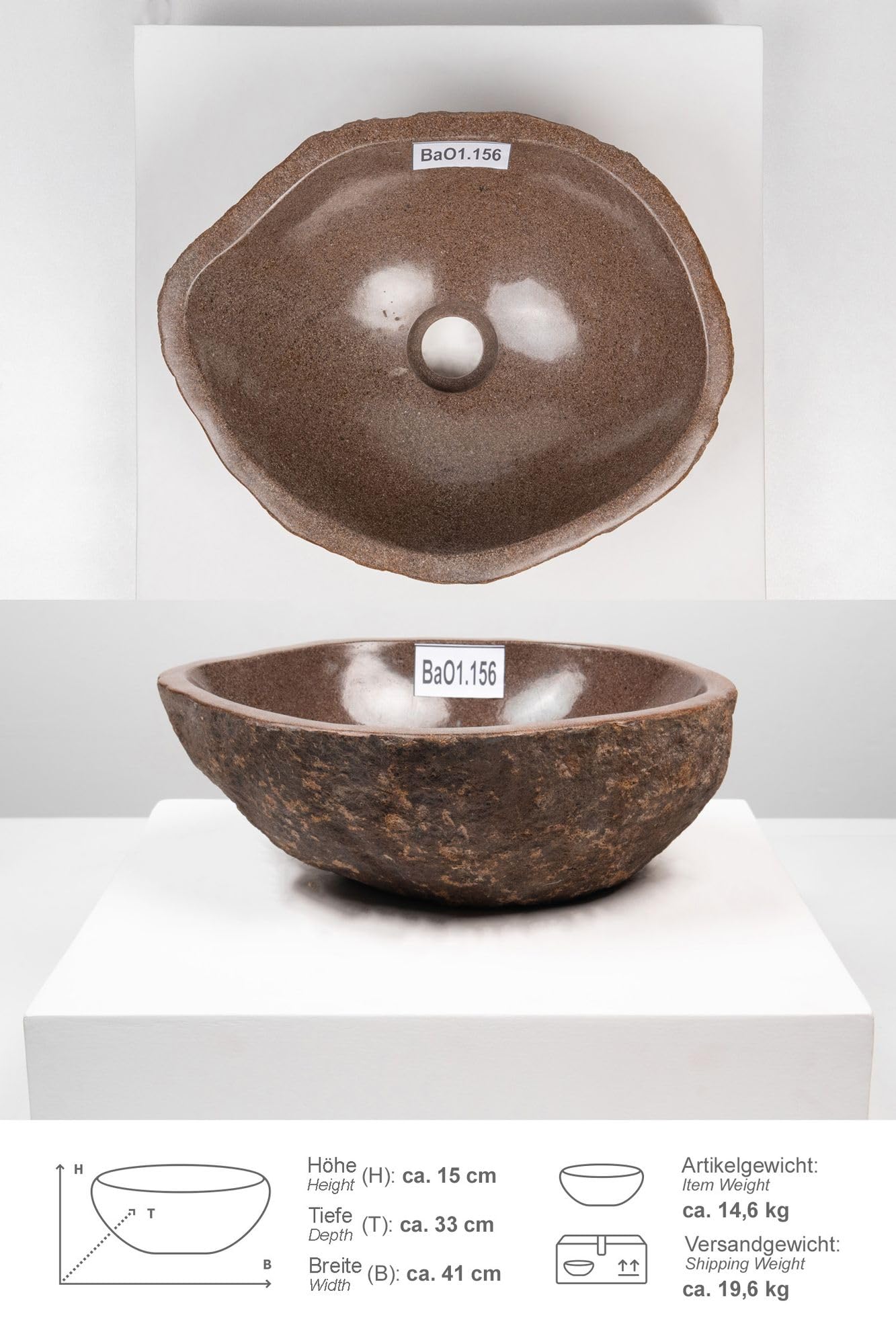lavabo in pietra naturale 40 cm ovale in grigio realizzato in pietra di fiume indonesiana - Con selezione unica