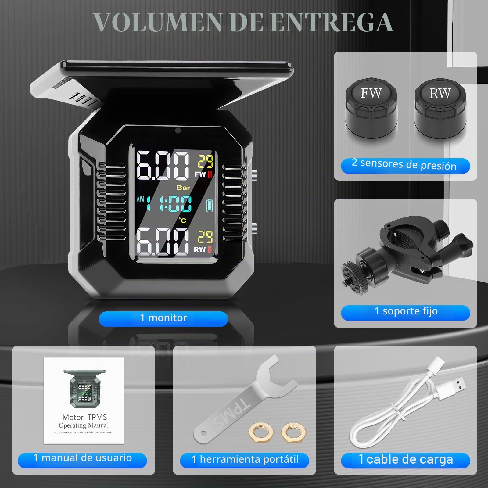 KAOLALI Sistema de Control de Presión de Neumáticos Moto TPMS, Motocicleta Inalámbrica Carga Solar/USB TPMS para Motocicletas con Pantalla LCD 2 sensores externos Impermeables