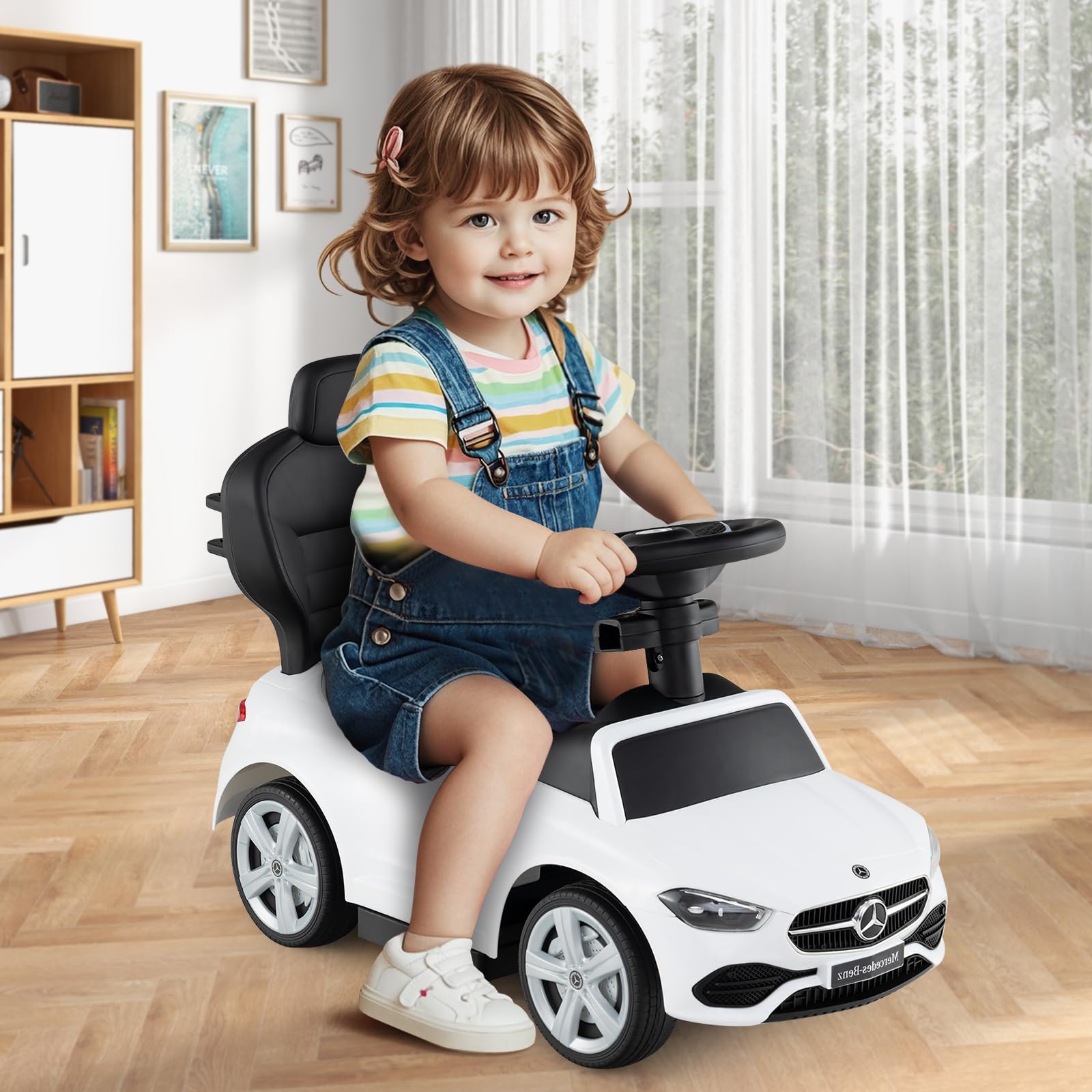 SOARS Macchina Cavalcabile per Bambini con Licenza Mercedes-Benz 3 in 1, Capote Regolabile, Guida Realistica con Volante e Clacson, Capacità di Carico 25 KG, per Bambine e Bambini 1-3 Anni (Bianco)
