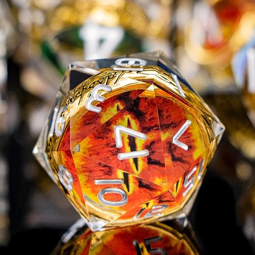 Miniatura 63 de Juego de dados DND de anillo dorado mágico con borde afilado, color rojo con ojo, para uso con juegos de mesa RPG D&D, juego de dados poliédricos