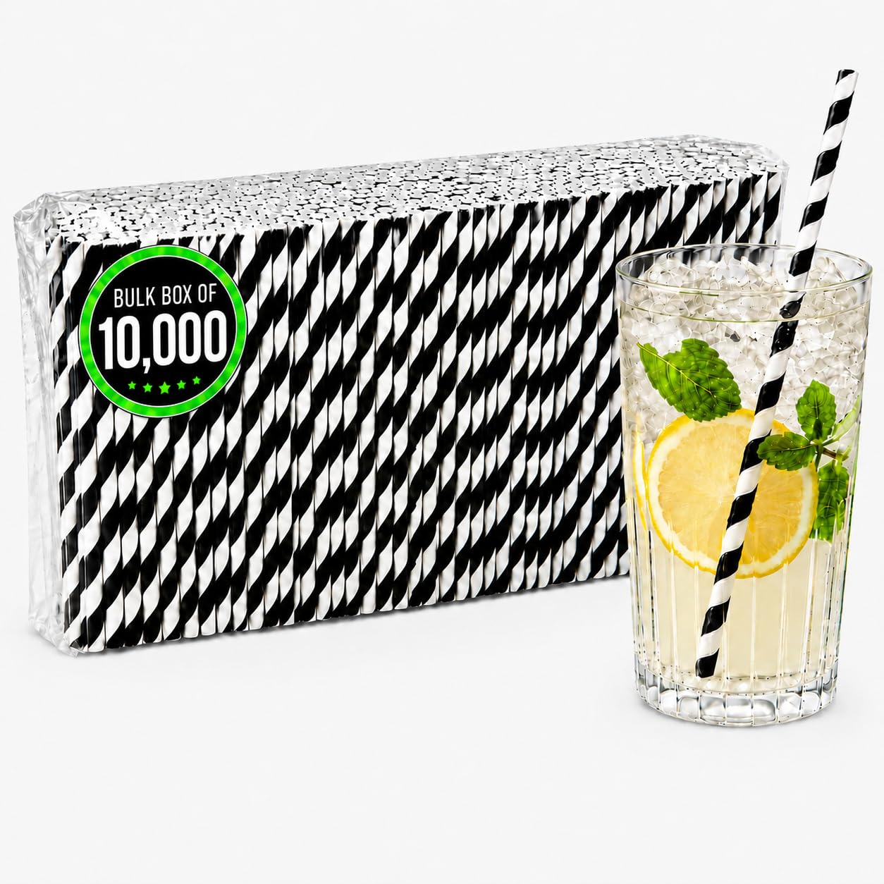 10,000 x bar@drinkstuff Black & White Stripe Paper Straws Biodegradable Eco 8" (200mm x 6mm) (20 x 500)