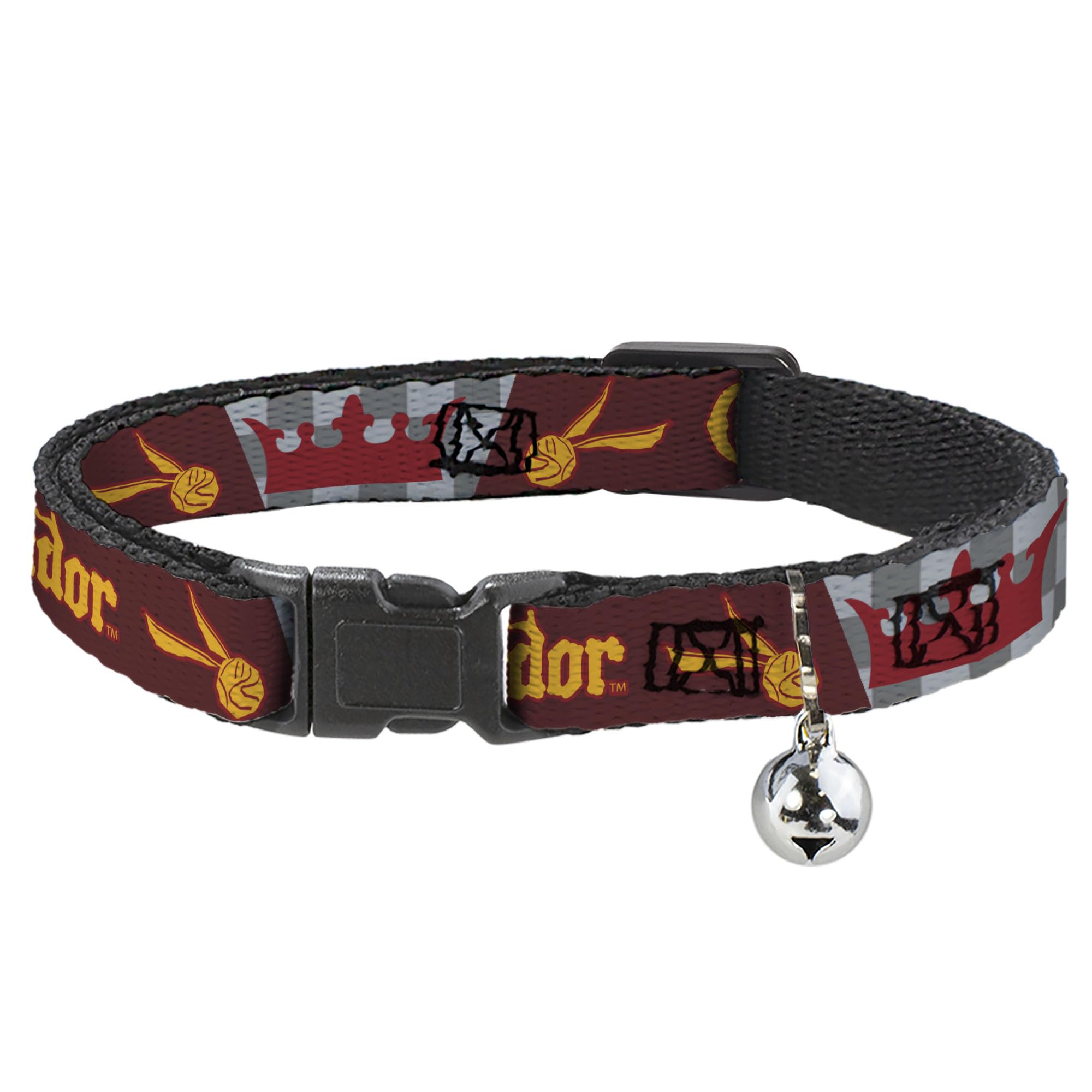 Harry Potter Breakaway Cat Collar with Bell, Plastic Clip, Easy Adjustable, Harry Potter Gryffindor Quiditch Ball Crown Red Golds Grays, 8.5 to 12