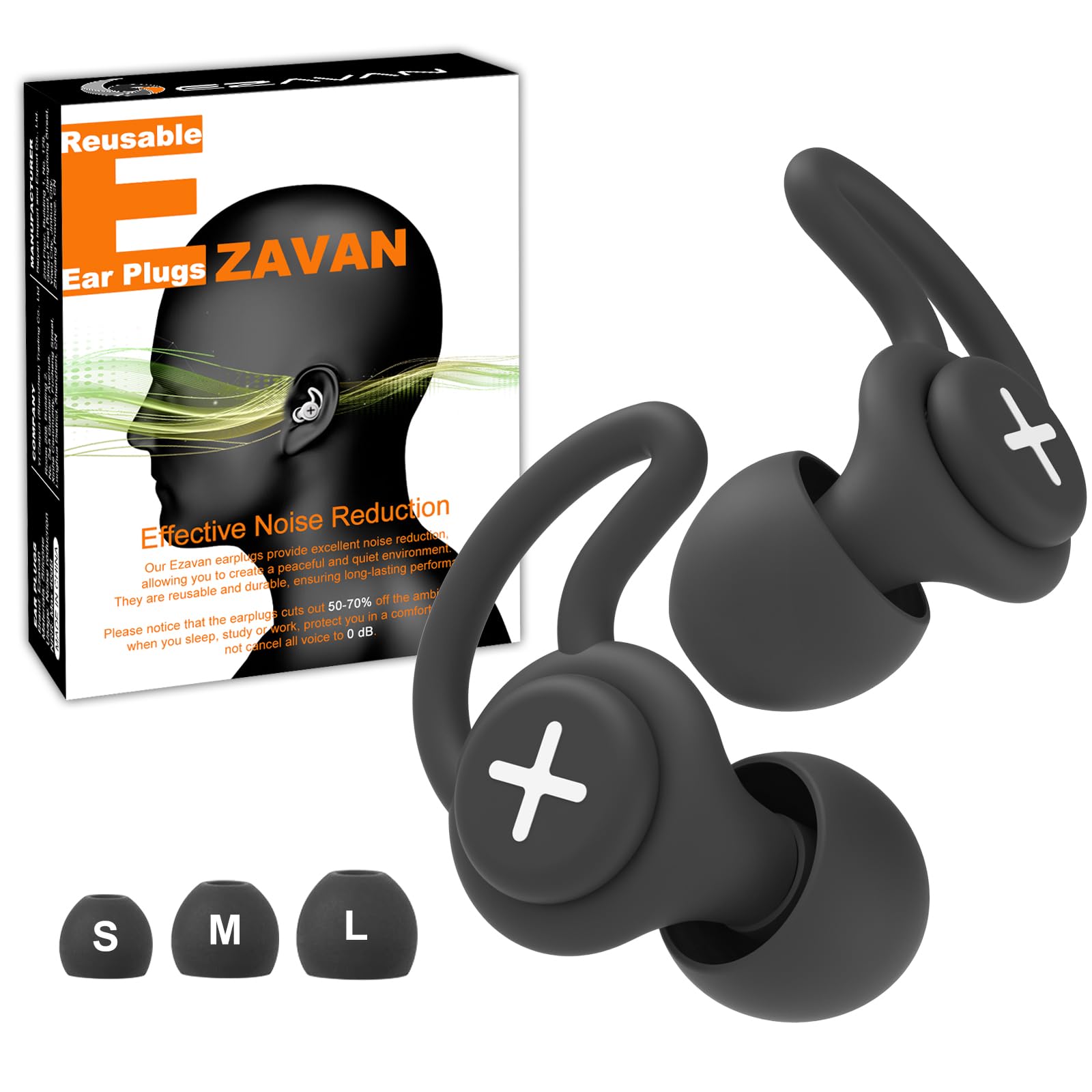 Ezavan Tappi per le orecchie per dormire, side sleep, compatibili con Comfort Fit in silicone, riutilizzabili, per concerti, riduzione del rumore, con 6 punte per orecchie in S/M/L (nero, misura