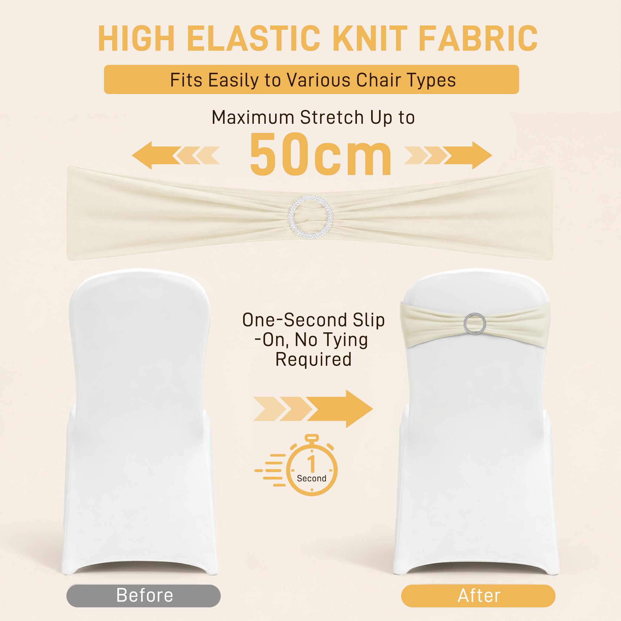 UISEBRT 100 Stück Elastische Stuhlschleifen mit Strass-Schnalle,Stuhl Bänder Spandex-Stuhlschärpe mit Diamant-Ring,Dehnbare Stuhlschleife für Hochzeit, Geburtstag, Party, Dekoration,Elfenbein