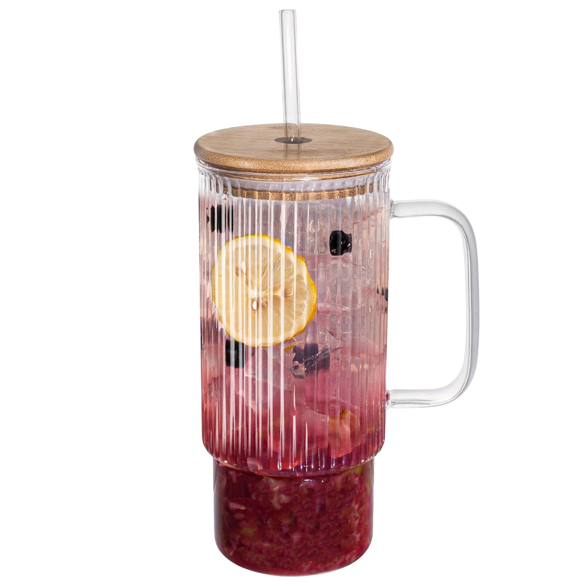 Glass with Lid and Straw, 1000 ml, Bubble Tea Glass Cup, Transparent Striped Water Cups, High Borosilicate Glass, Long Drink Glass Set for Iced Coffee, Juice, Smoothie, Water, Tea