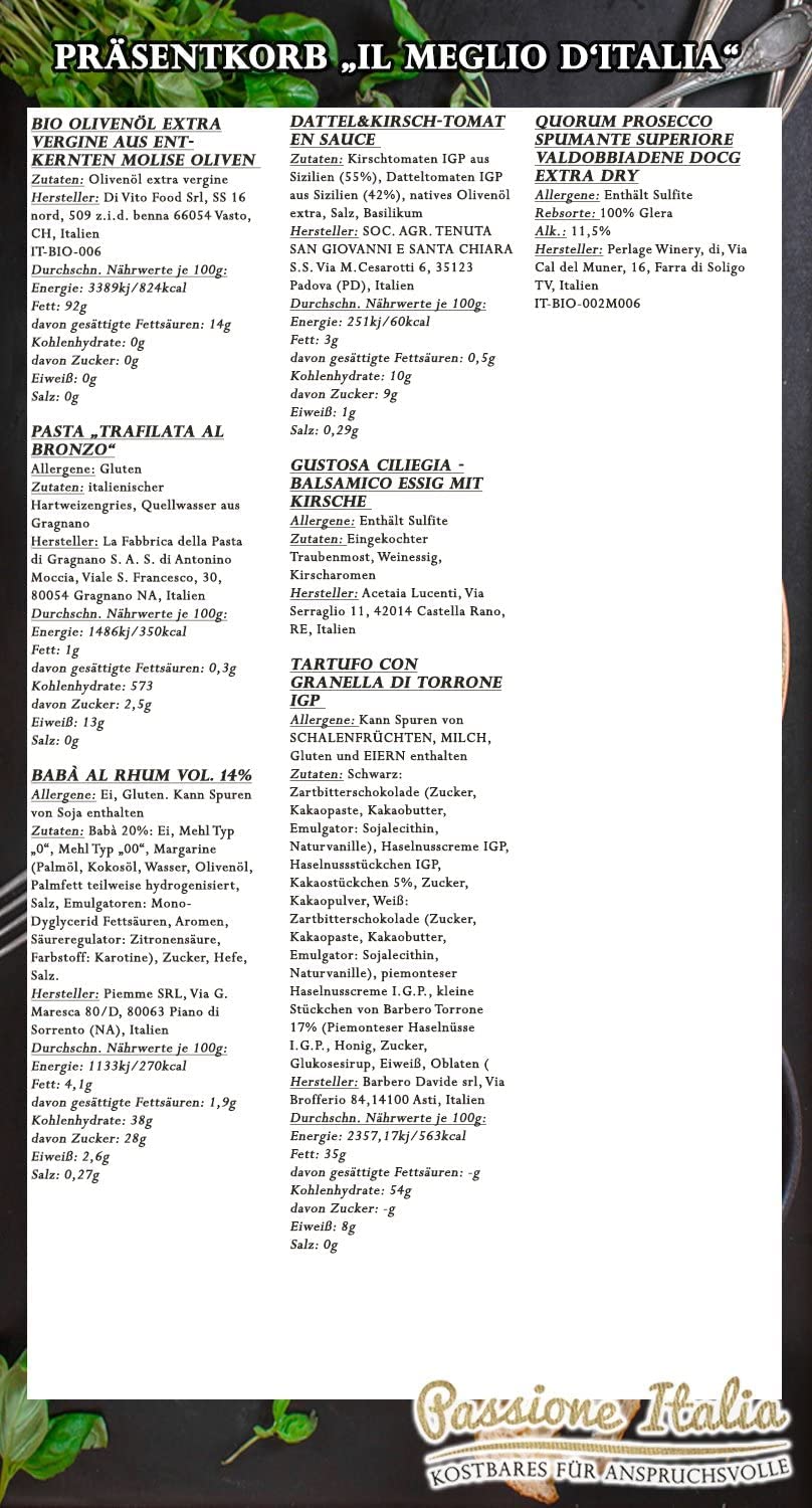 Feinkost Geschenkkorb IL MEGLIO D'ITALIA mit ausgesuchten italienischen Spezialitäten Prosecco/Olivenöl/Pasta/Dessert