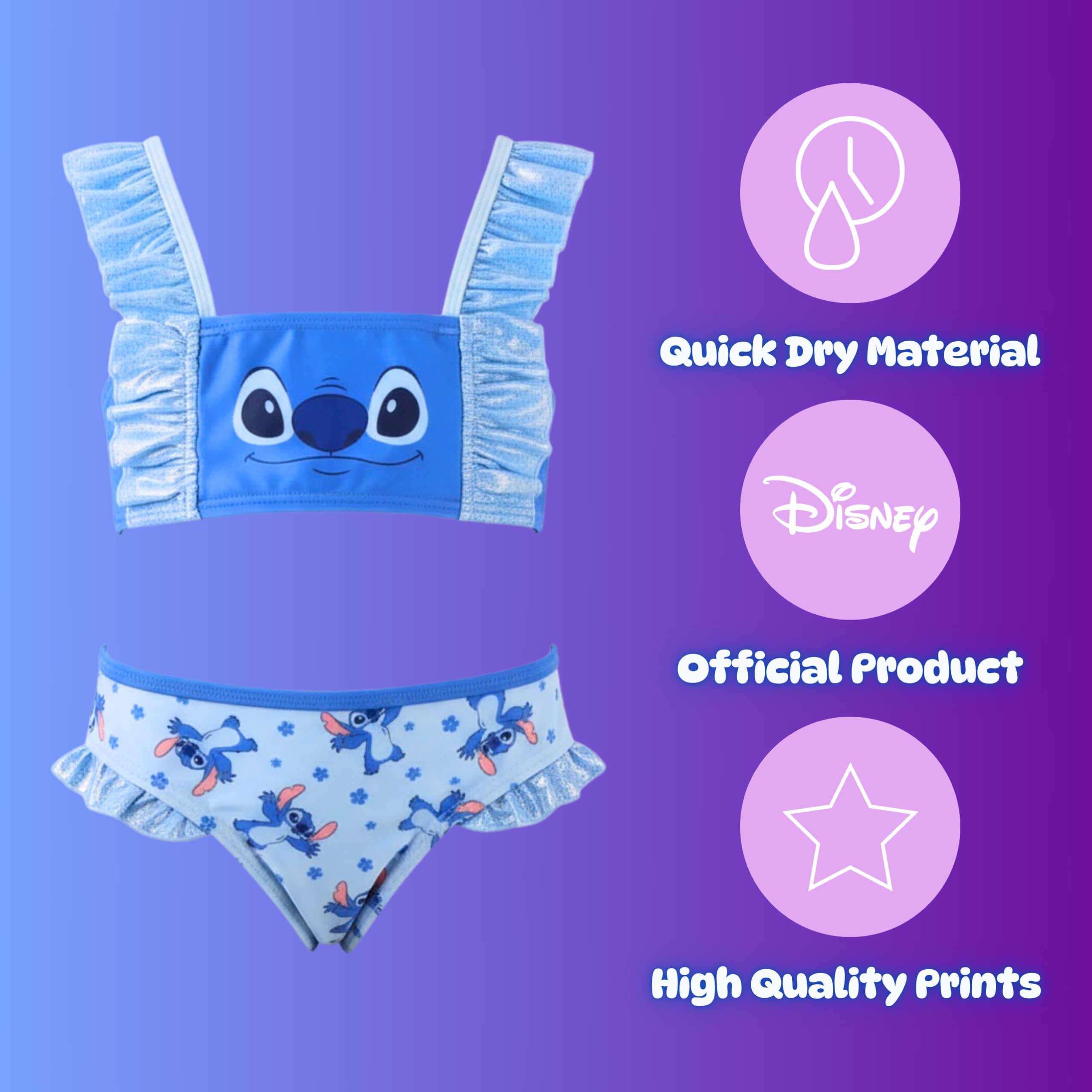 Disney Stitch Bikini para Niña, Diseño Purpurina Bañador de Dos Piezas Verano Infantil, Tallas 5 a 12 Años