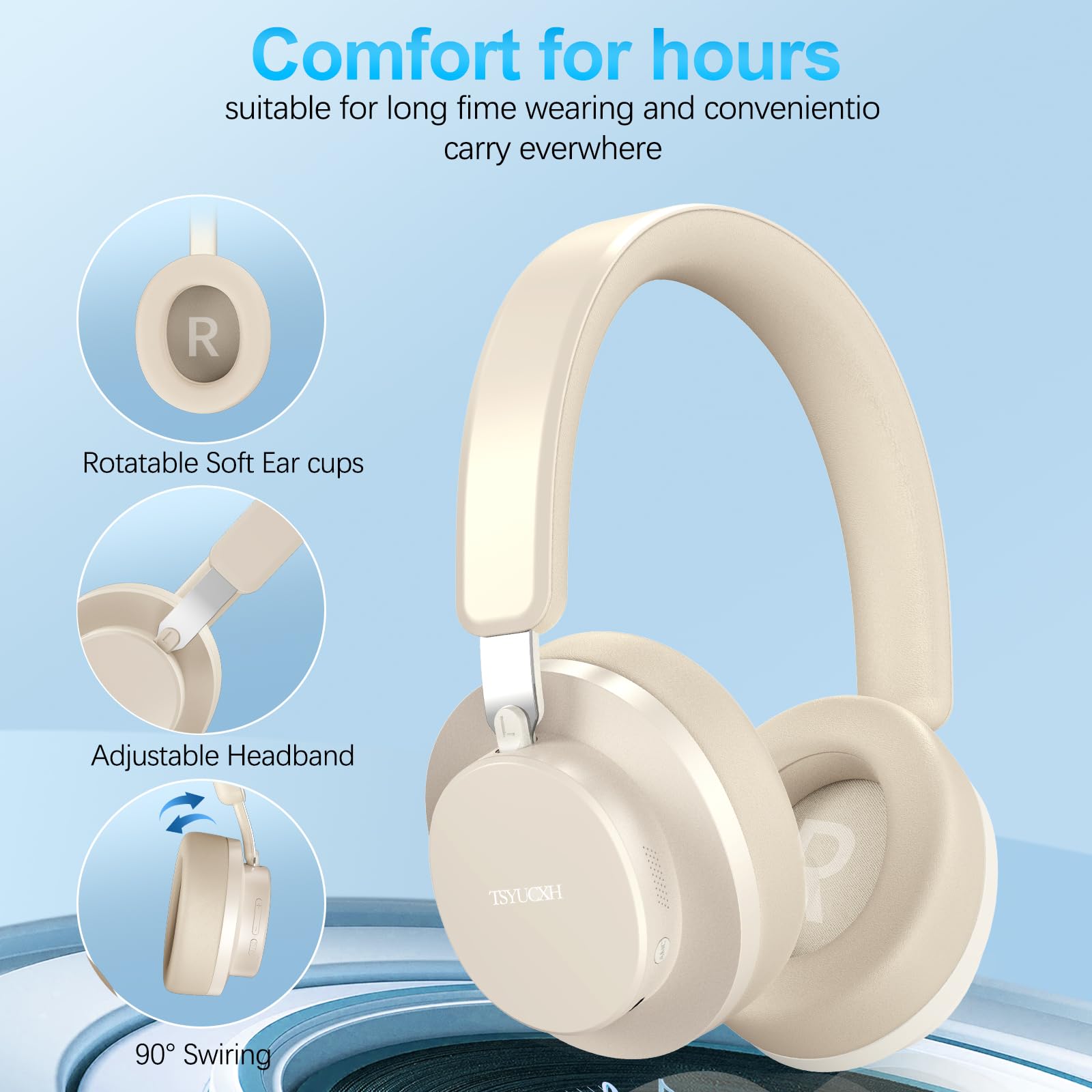 Noise Cancelling Headphones Wireless Bluetooth, Over Ear Headphones Bluetooth with Microphone, Cancelling Wireless Headphone Over Ear, 65h Playtime, Clear Calls, Comfort Fit For Travel (Beige) — view 6