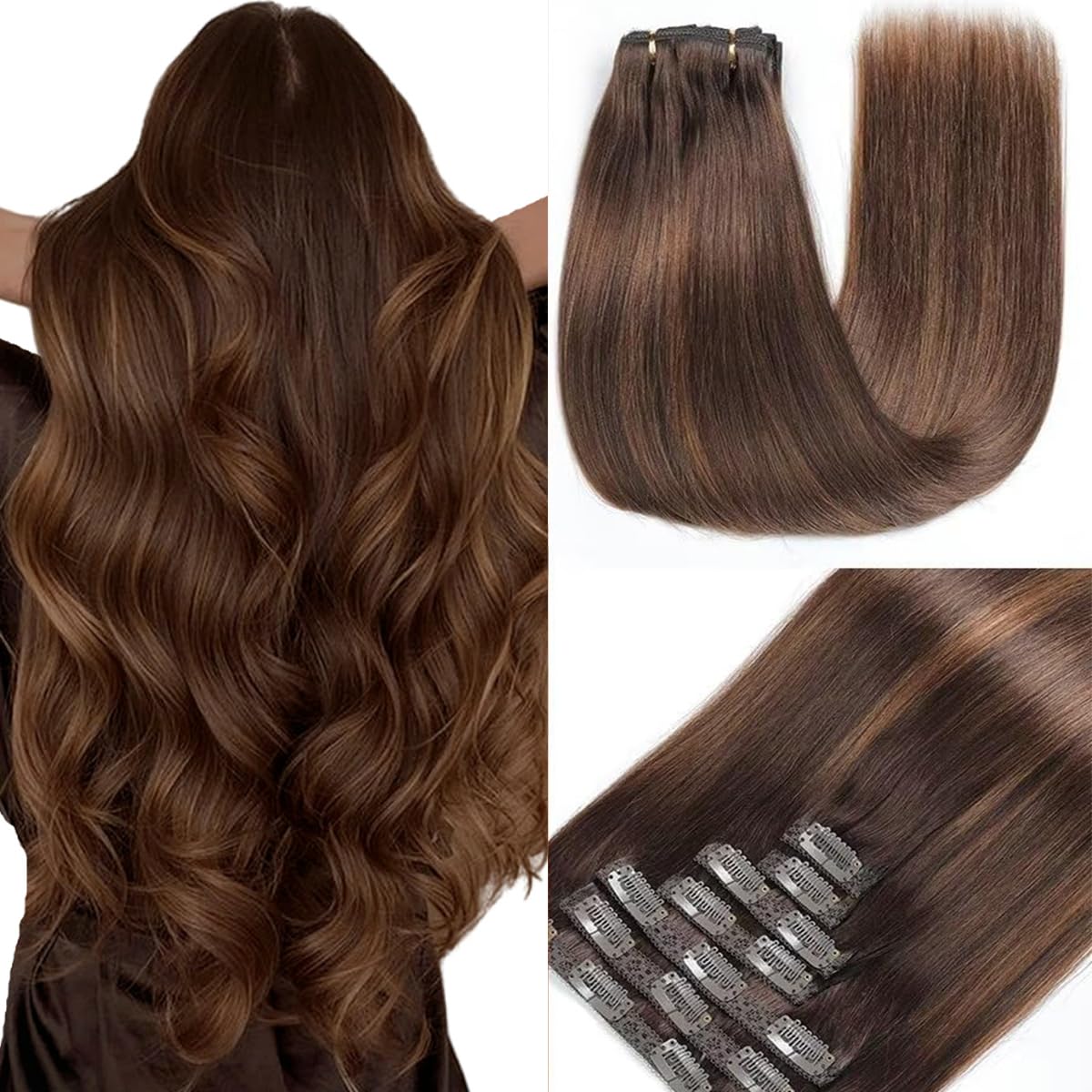 GUDOZO extension capelli veri Castano scuro con castano castano 7pcs 35cm 80g Extension capelli veri biadesivo Extension clip capelli veri senza cuciture volume donna