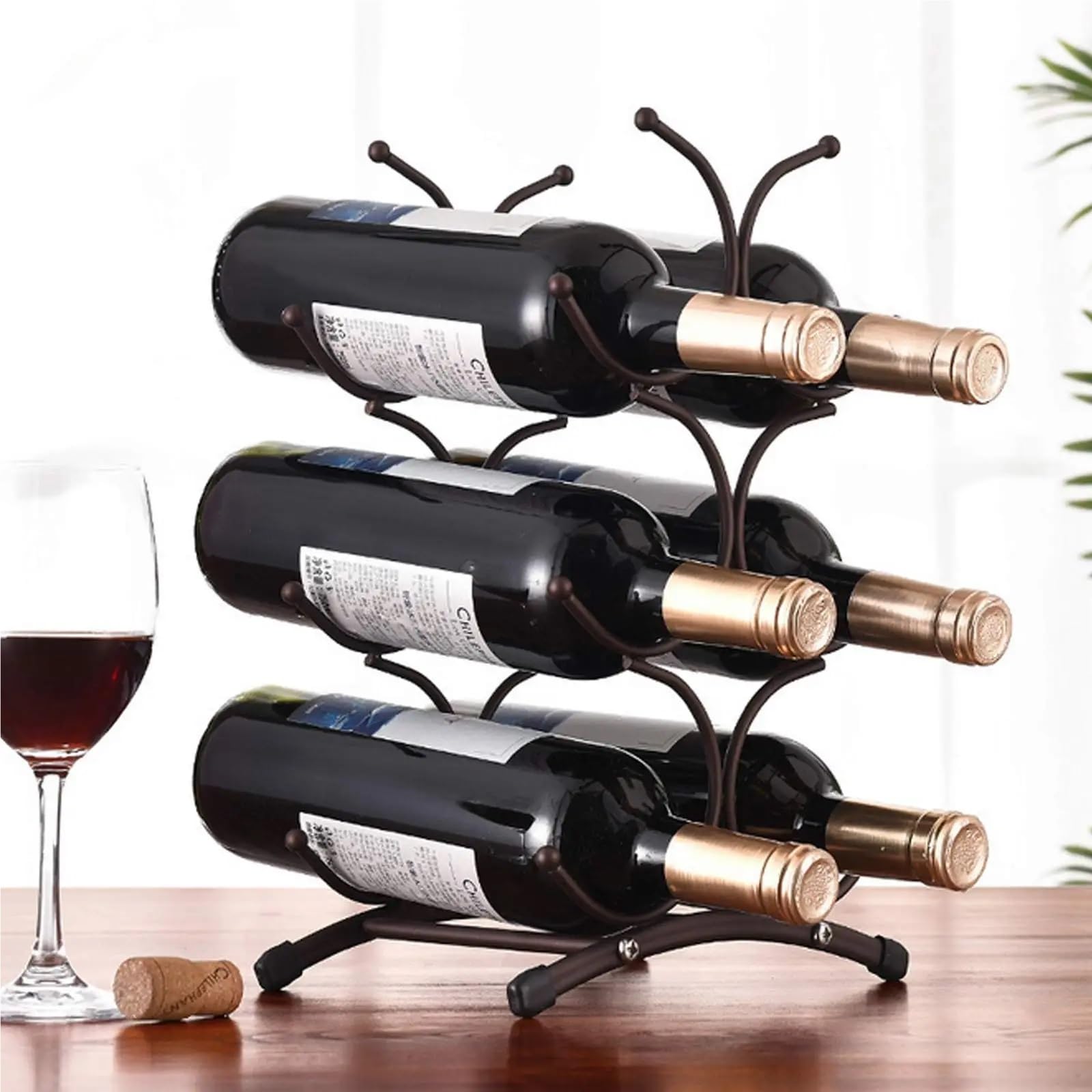 weinregal Modernes tragbares Weinregal aus Metall, Weinflaschenaufbewahrung, Aufbewahrungsständer, Stativ, Tisch-Weinregal, 6 Flaschen, Weinhalter, Display(Wooden)
