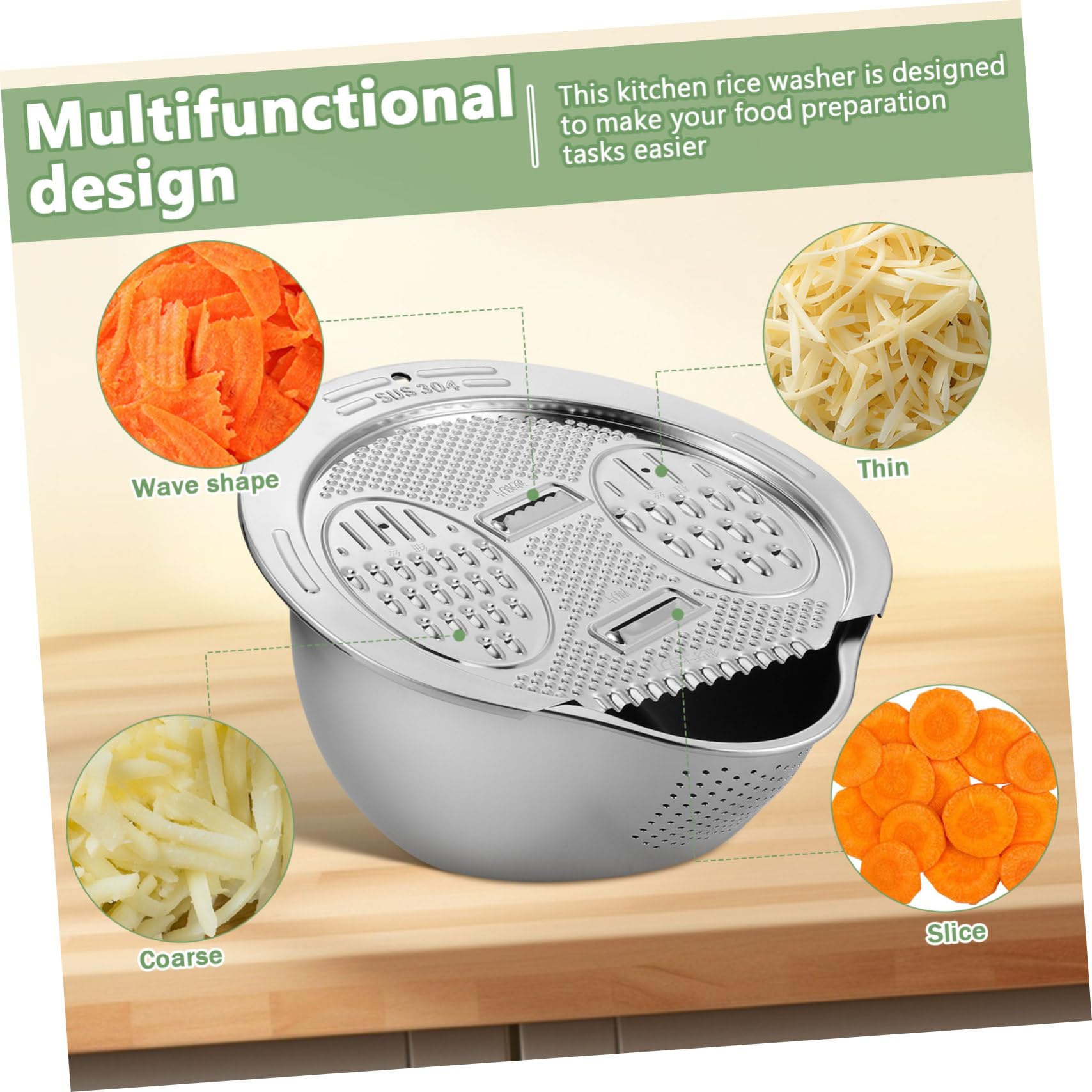 GLEAVI Lavadero de Arroz Acero Inoxidable Colador Multifuncion para Cocina Tazón Escurridor Alimentos Lavar Arroz Fruta Vegetales
