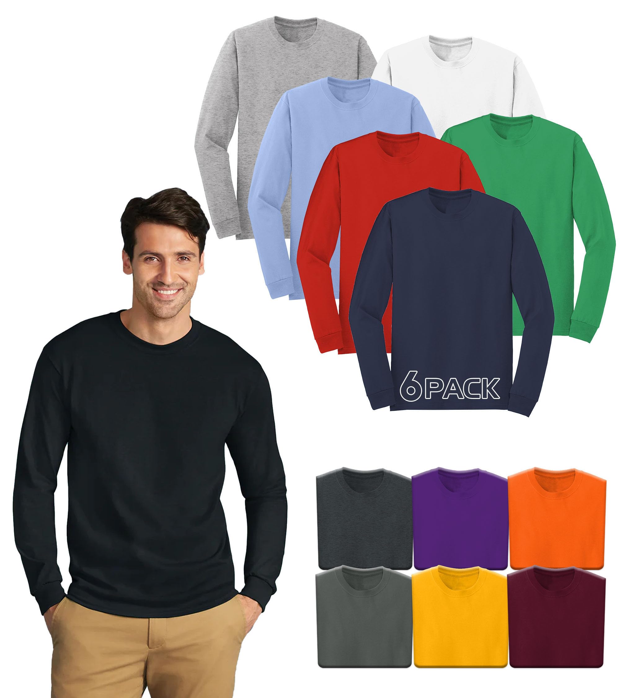 Mens Adult Heavy Cotton T-Shirt Bulk 5400 Long Sleeve Shirt Pack of Unisex Crew Tee - Custom Color