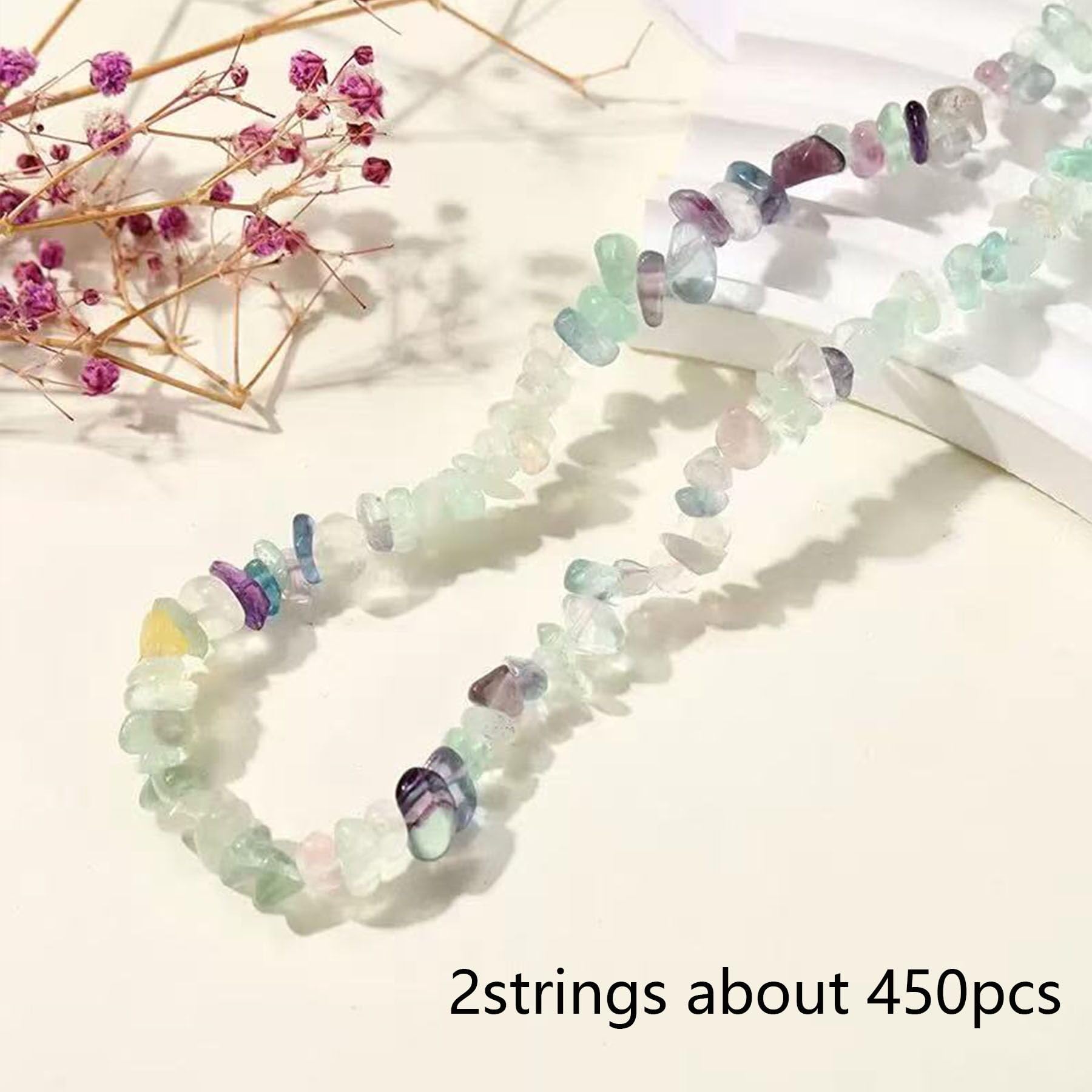 DAHI 450 sztuk koralików z fluorytu do nawlekania, kryształów, do bransoletek, łańcuszków, kolczyków, biżuterii, do samodzielnego wykonania, nieregularnych nawiercanych kamieni szlachetnych (fluoryt)
