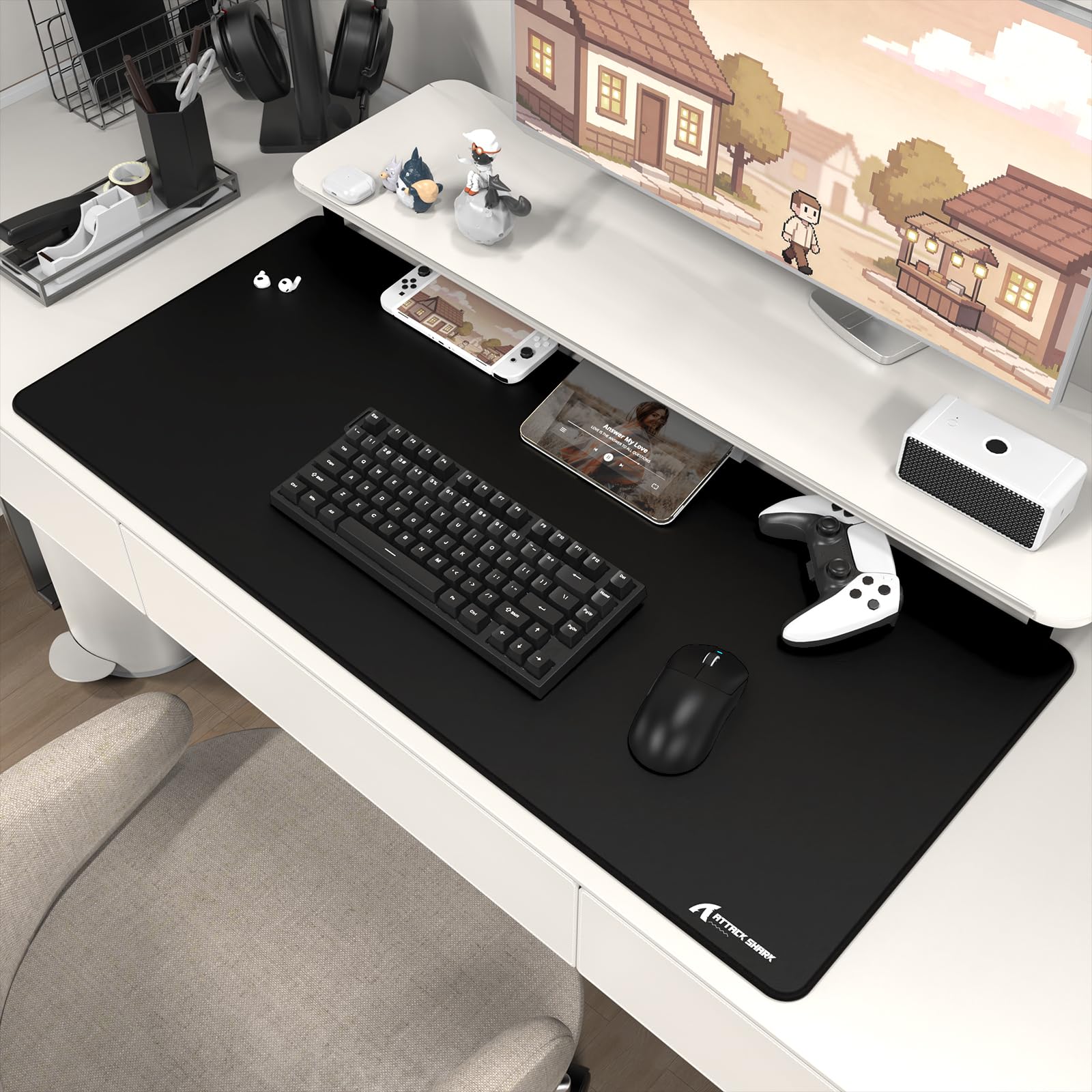ATTACK SHARK CM02PRO E-Sport-Gaming-Mauspad, strapazierfähiges, großformatiges Mauspad mit wasserabweisender Beschichtung, Rutschfester Unterseite und vernähten Kanten, 900 x 400 x 4 mm,schwarz