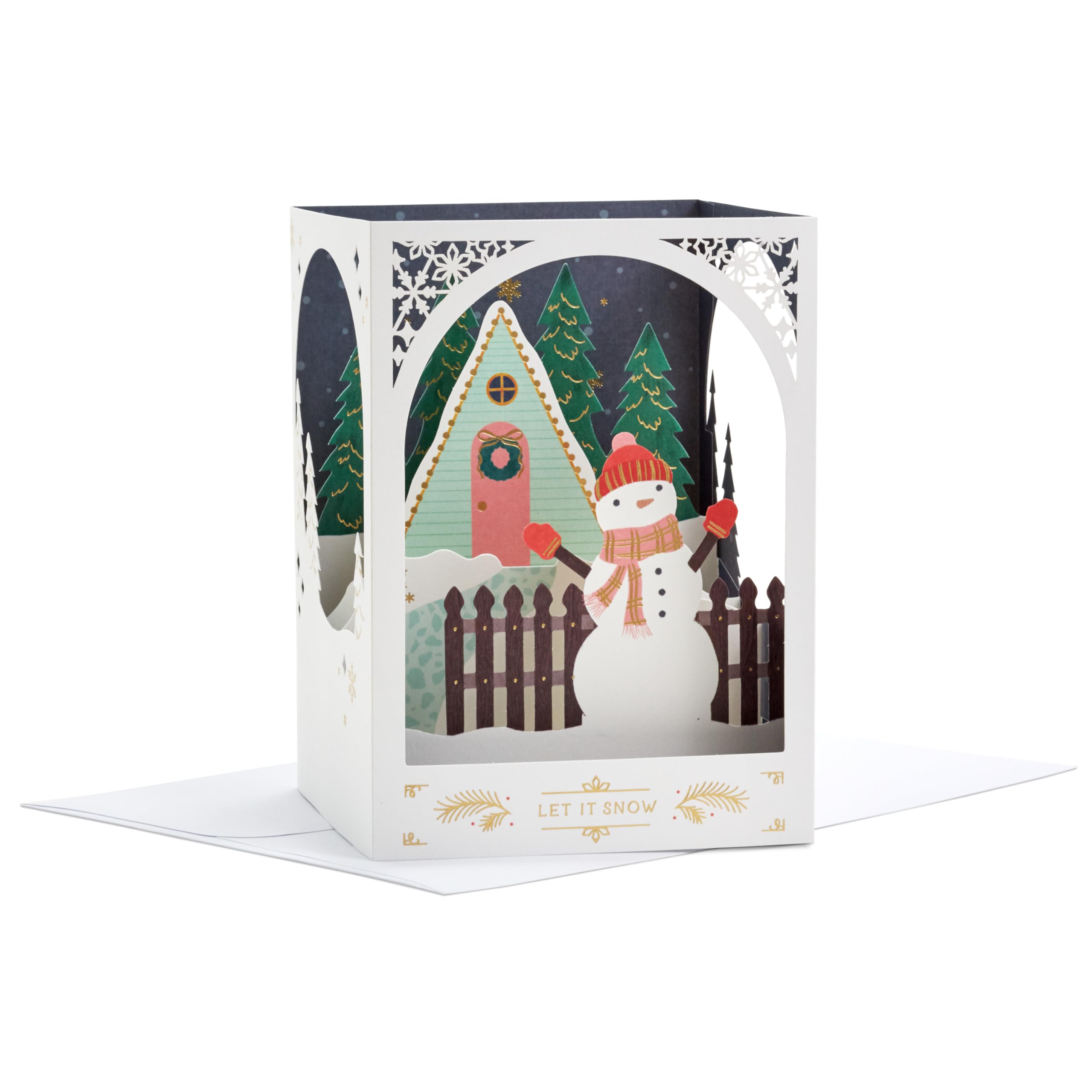 Hallmark Christmas Card, Snowman Design, 3D and Pop Up Card, Snow, White, Red