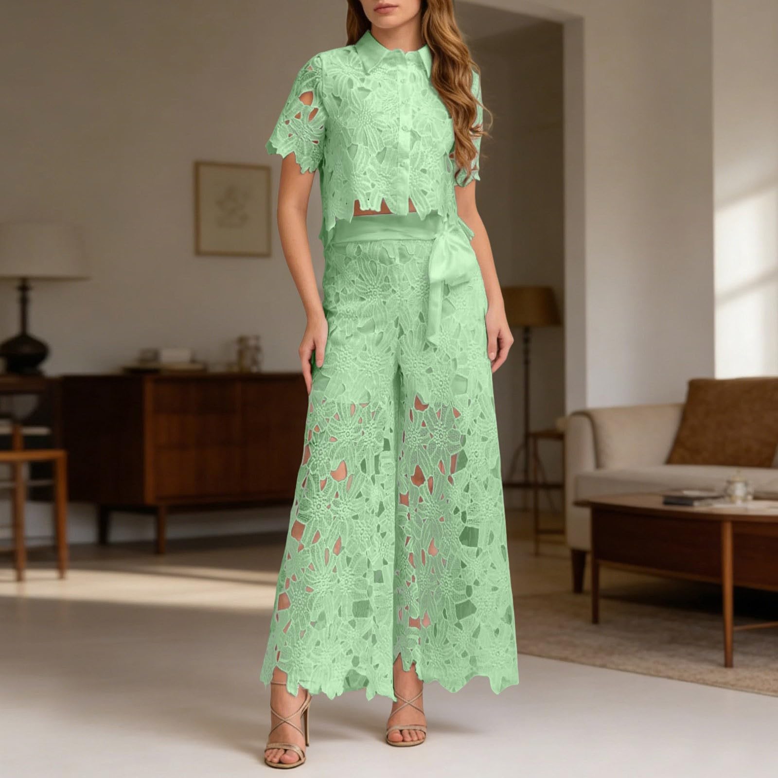 Set da 2 pezzi in lino da donna, top con maniche a pipistrello, scollo rotondo e orlo asimmetrico, pantaloni con vita alta e gamba larga, perfetto per l'estate e tutti i giorni