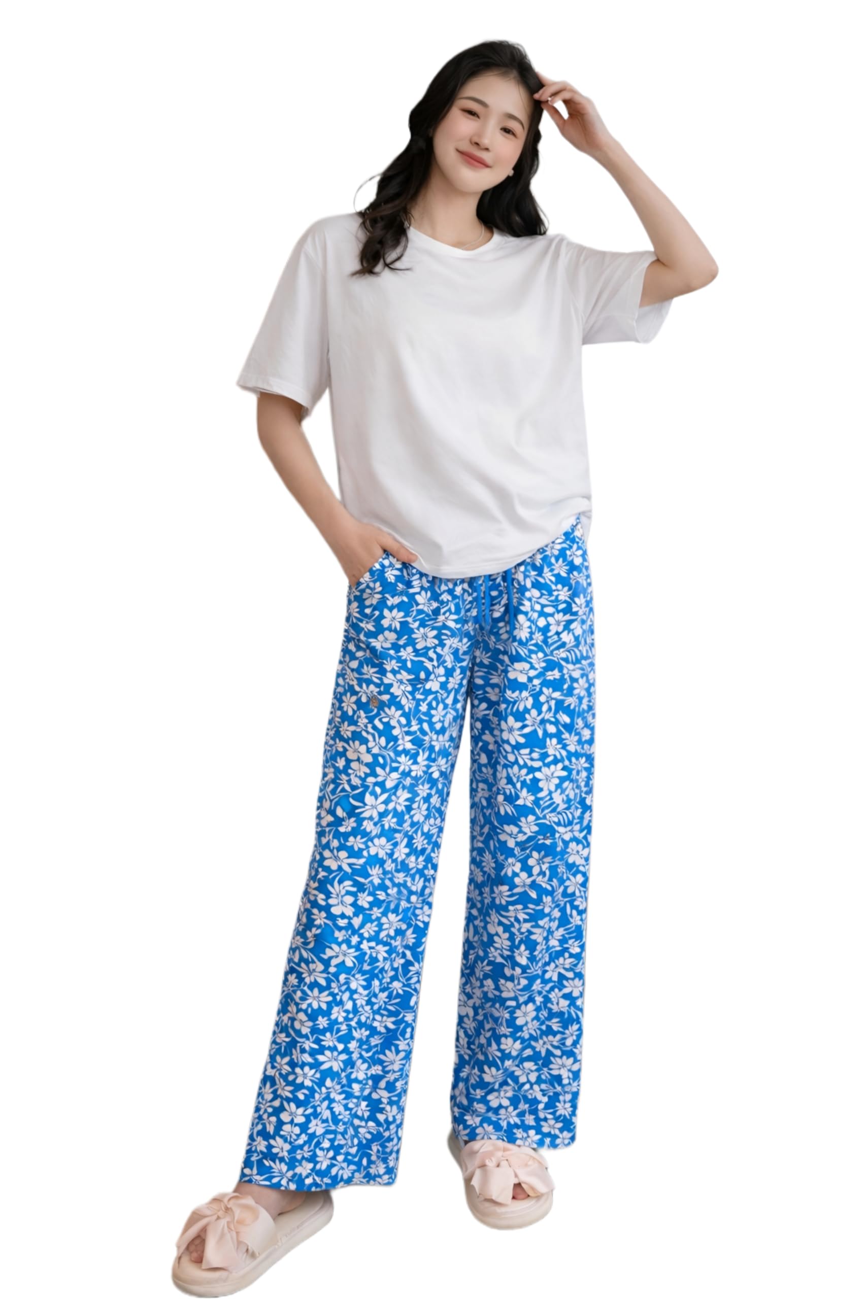 Cotton Night Suit for Women Round Neck Half Sleeve Nightsuit Set | Summer Night Dress for Woman Pyjama & Tshirt Set | Lounge Wear Everyday Soft Breathable Sleepwear (Blue White Flower)-image-1