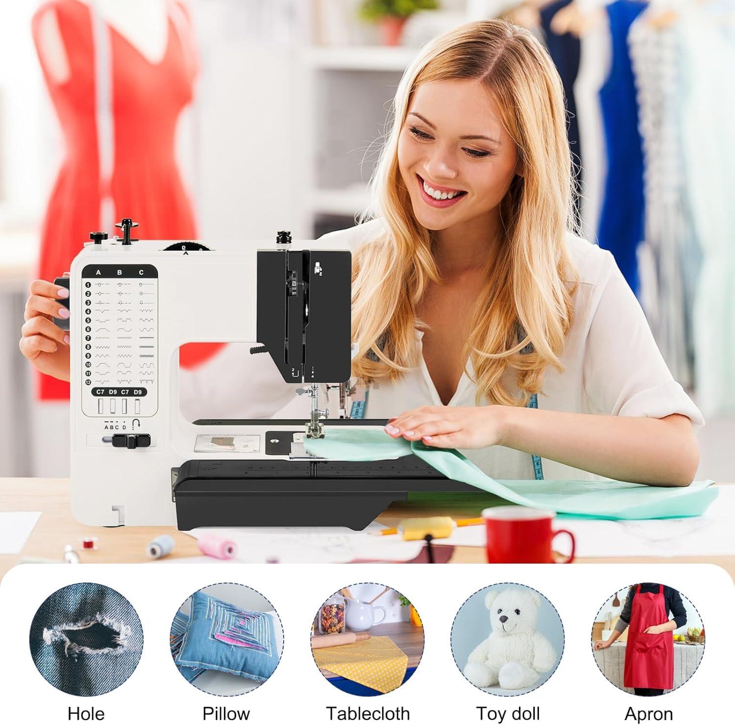 Máquina de Coser con mesa de extensión, Máquina De Coser Profesional, Máquina De Coser Portátil, máquina de coser para principiantes con 38 programas de costura de 2 velocidades, con accesorios