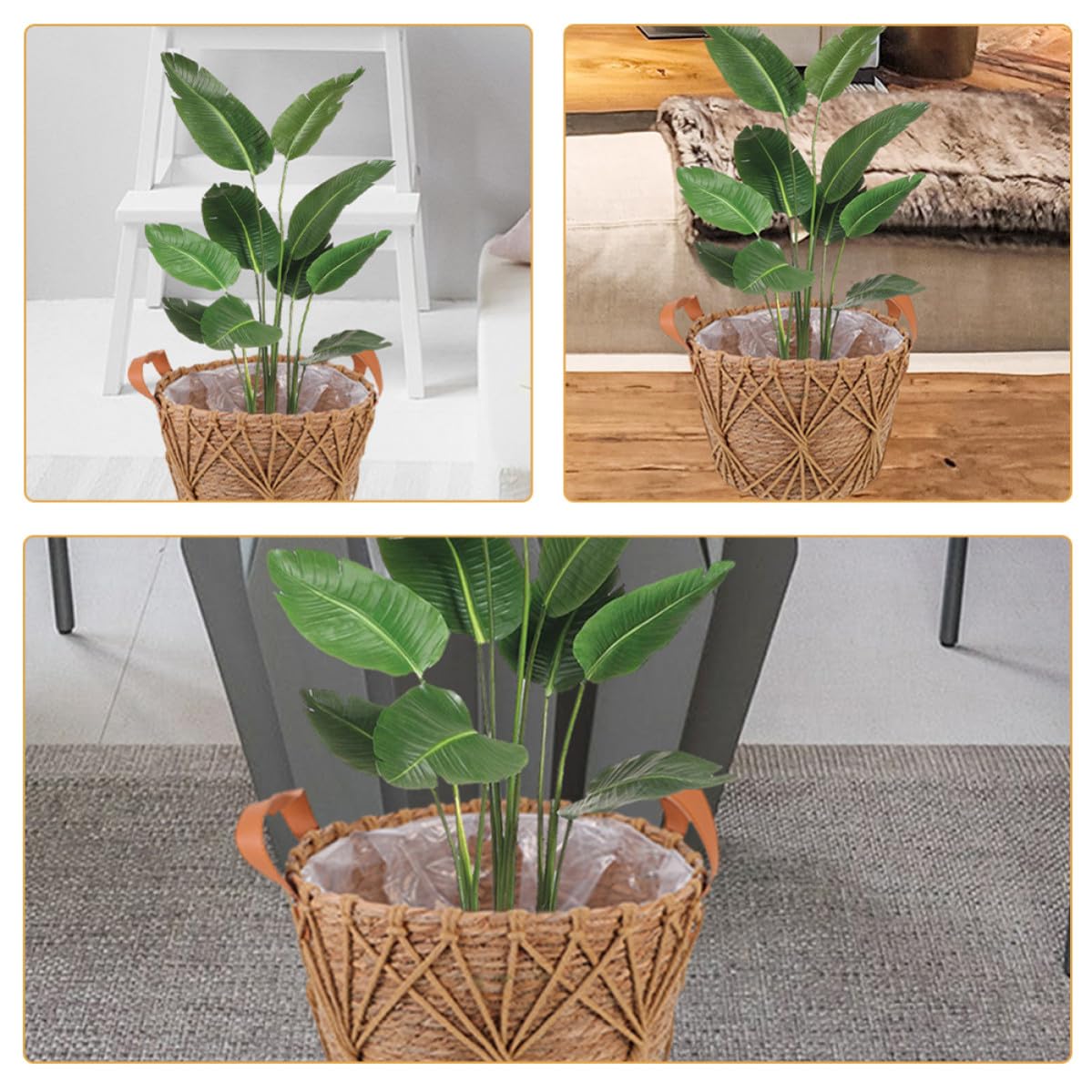 DOITOOL Korb mit Henkel für Blumen und Sukkulenten Aufbewahrungskorb Großer Handgefertigter Geflochtener aus Stroh Robust und Vielseitig für Büro und Zuhause