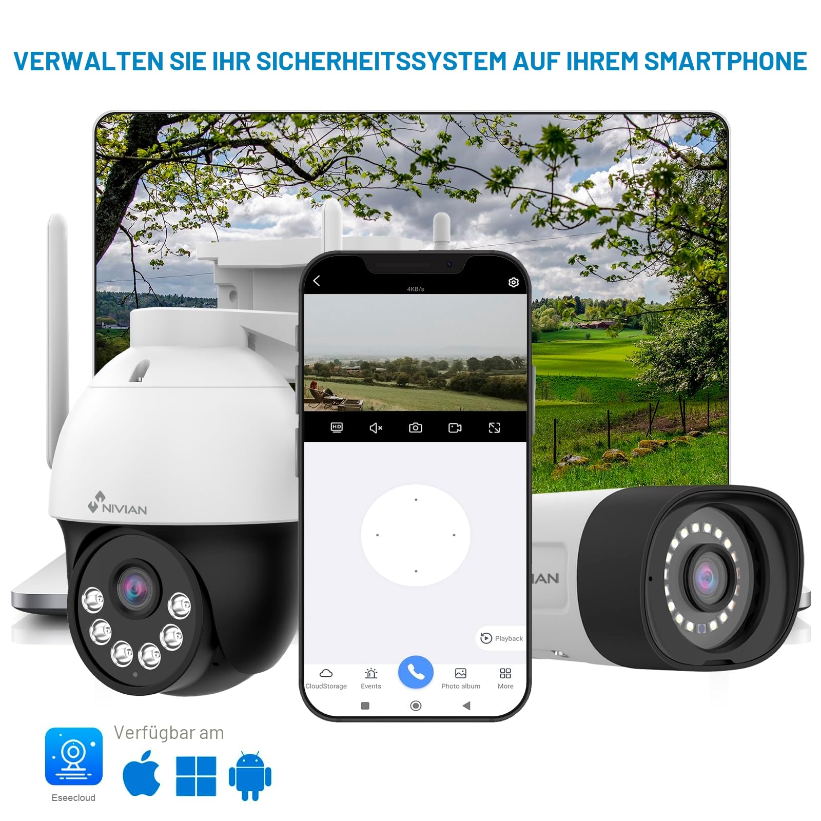 NIVIAN WLAN-Kamera-Set, Überwachungskamera Set, KI-Personenerkennung, Zwei-Wege-Audio, Nachtsicht, EseeCloud-App, HDMI-Ausgang für TV/Monitor (10 Kanäle - 4 Kameras, CCTV-Kit)