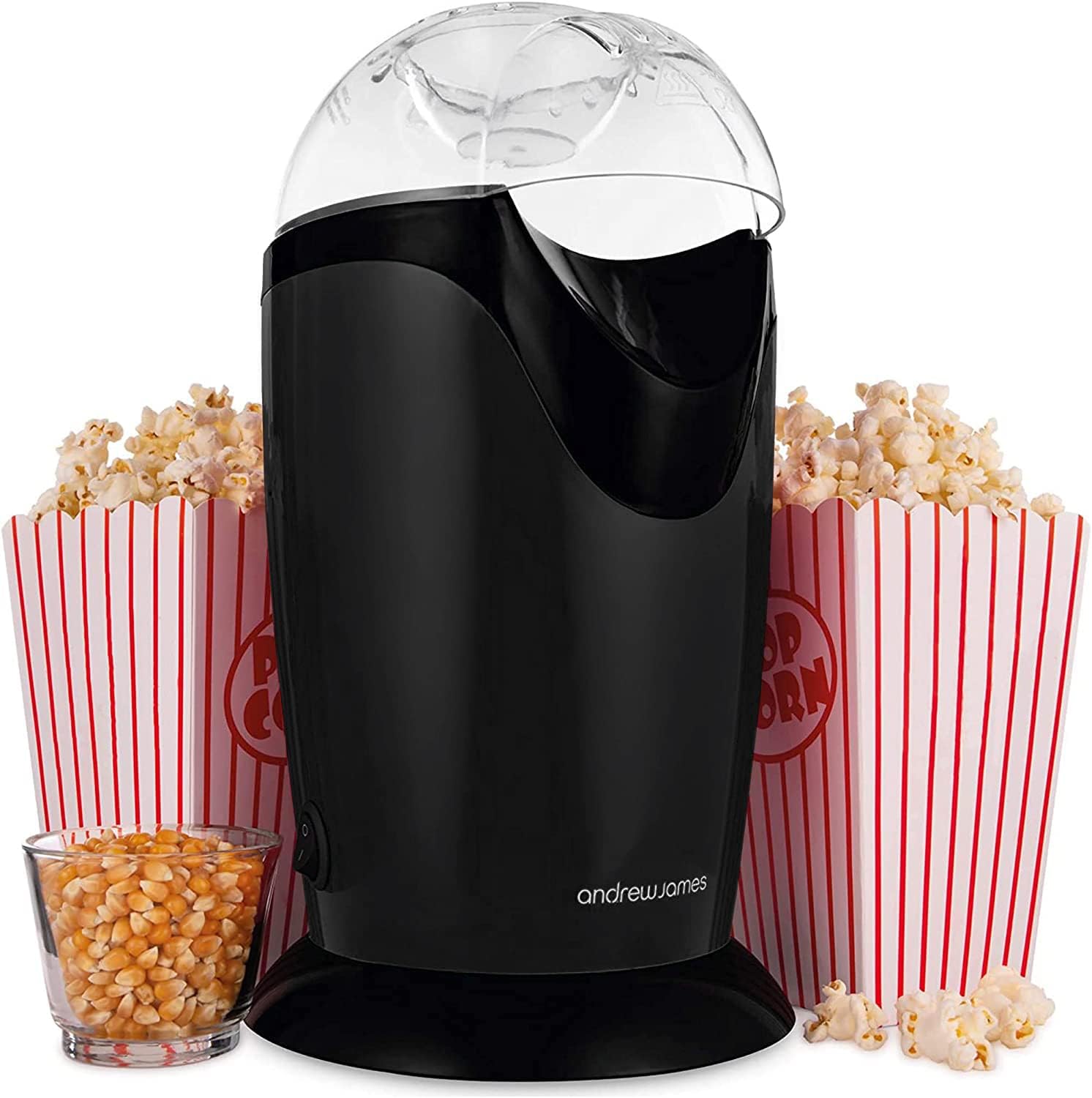 Andrew James Popcorn Maker Machine, Healthy Air Popper, Popcorn Machine with 8 American Cinema Style Boxes, 1200W, Perfect for Parties (Black)