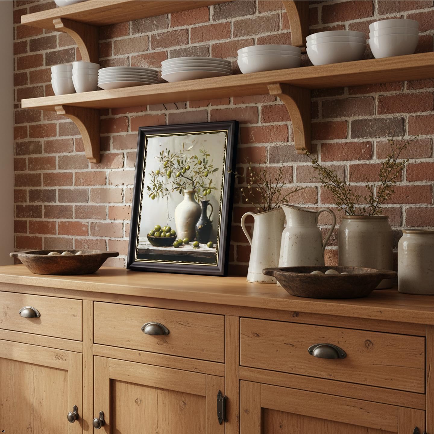 Vintage Dark Brown Framed Olive Branch Canvas Wall Art Rustic Still Life Wall Decor Terracotta Vase Olive Painting Picture Kitchen Botanical Print Artwork for Farmhouse Home Decoration 12x16in